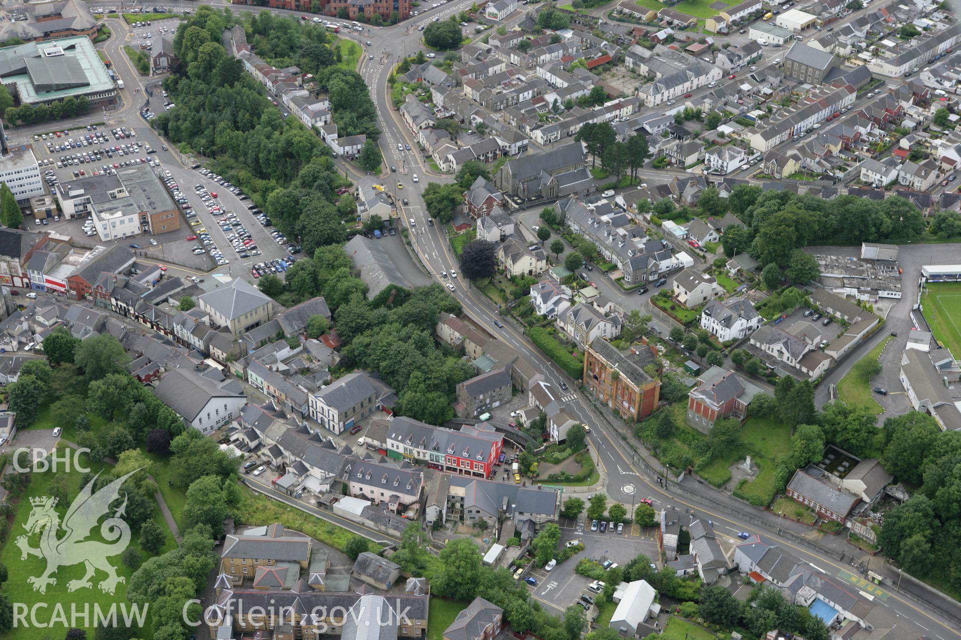 RCAHMW colour oblique aerial photograph of Merthyr Tydfil, town centre. Taken on 30 July 2007 by Toby Driver