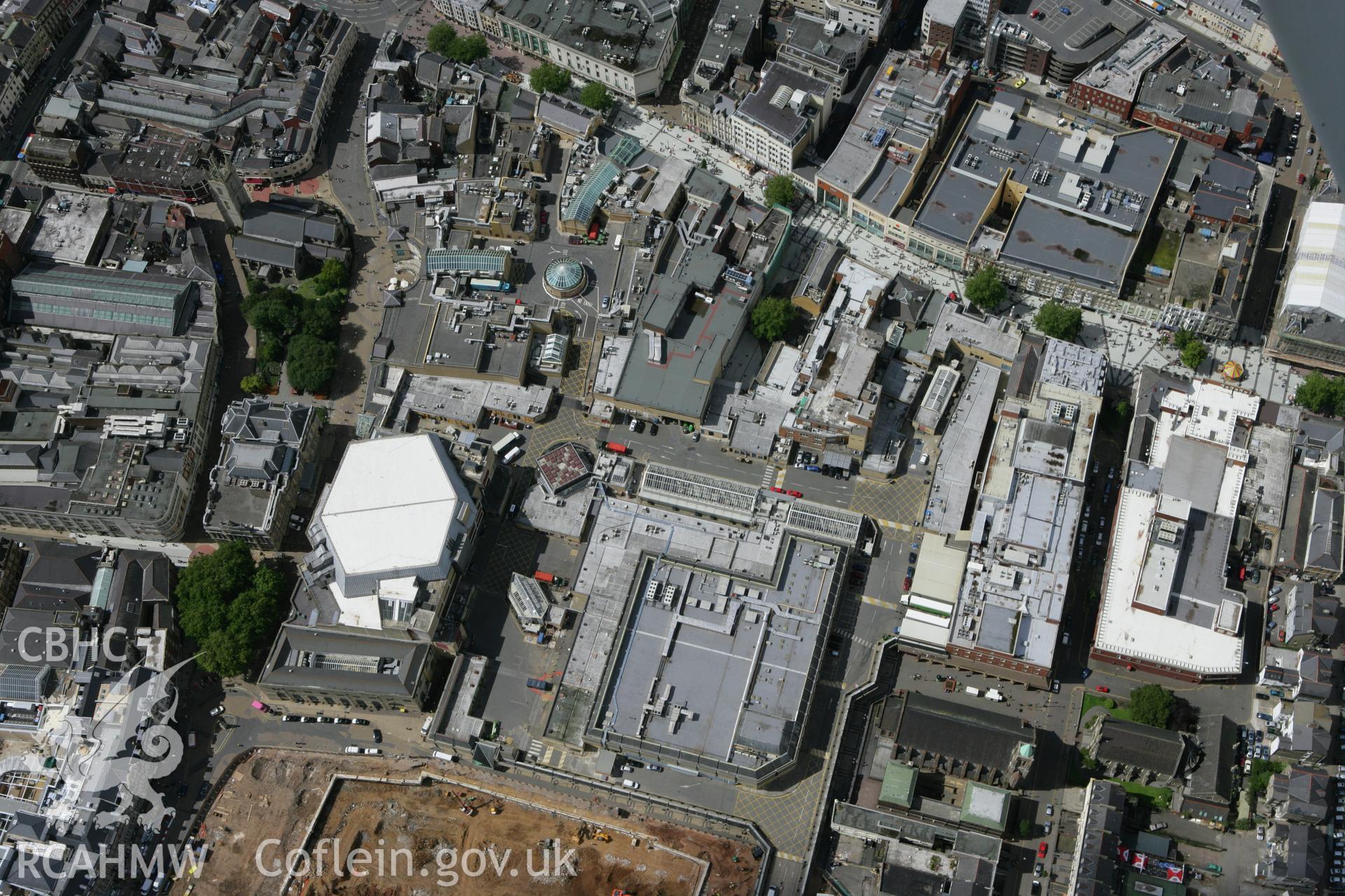 RCAHMW colour oblique aerial photograph of Cardiff. The city centre with Queen Street. Taken on 30 July 2007 by Toby Driver