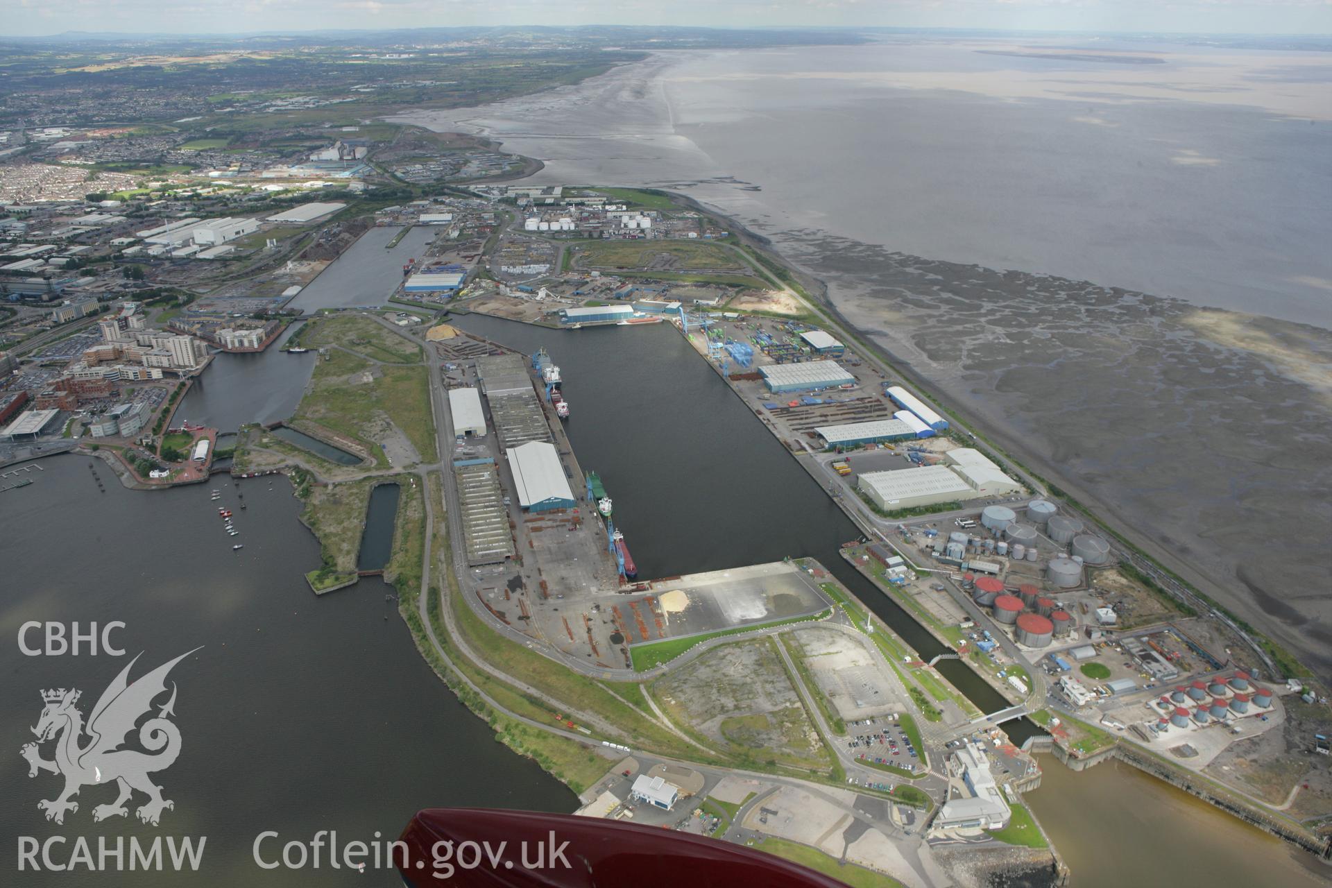 RCAHMW colour oblique aerial photograph of Queen Alexandra Dock in Cardiff Docks. Taken on 30 July 2007 by Toby Driver