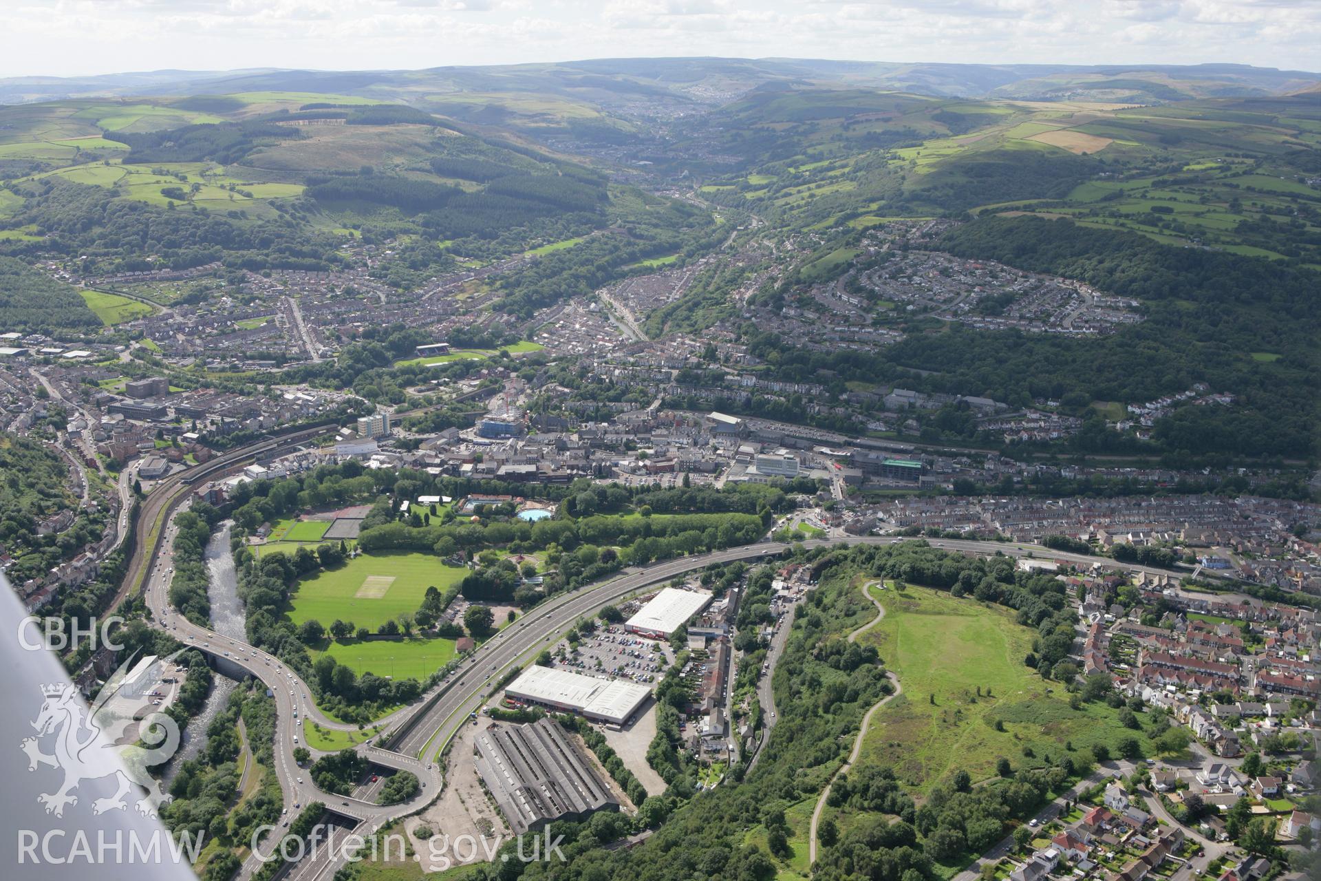 RCAHMW colour oblique aerial photograph of Pontypridd from the east. Taken on 30 July 2007 by Toby Driver