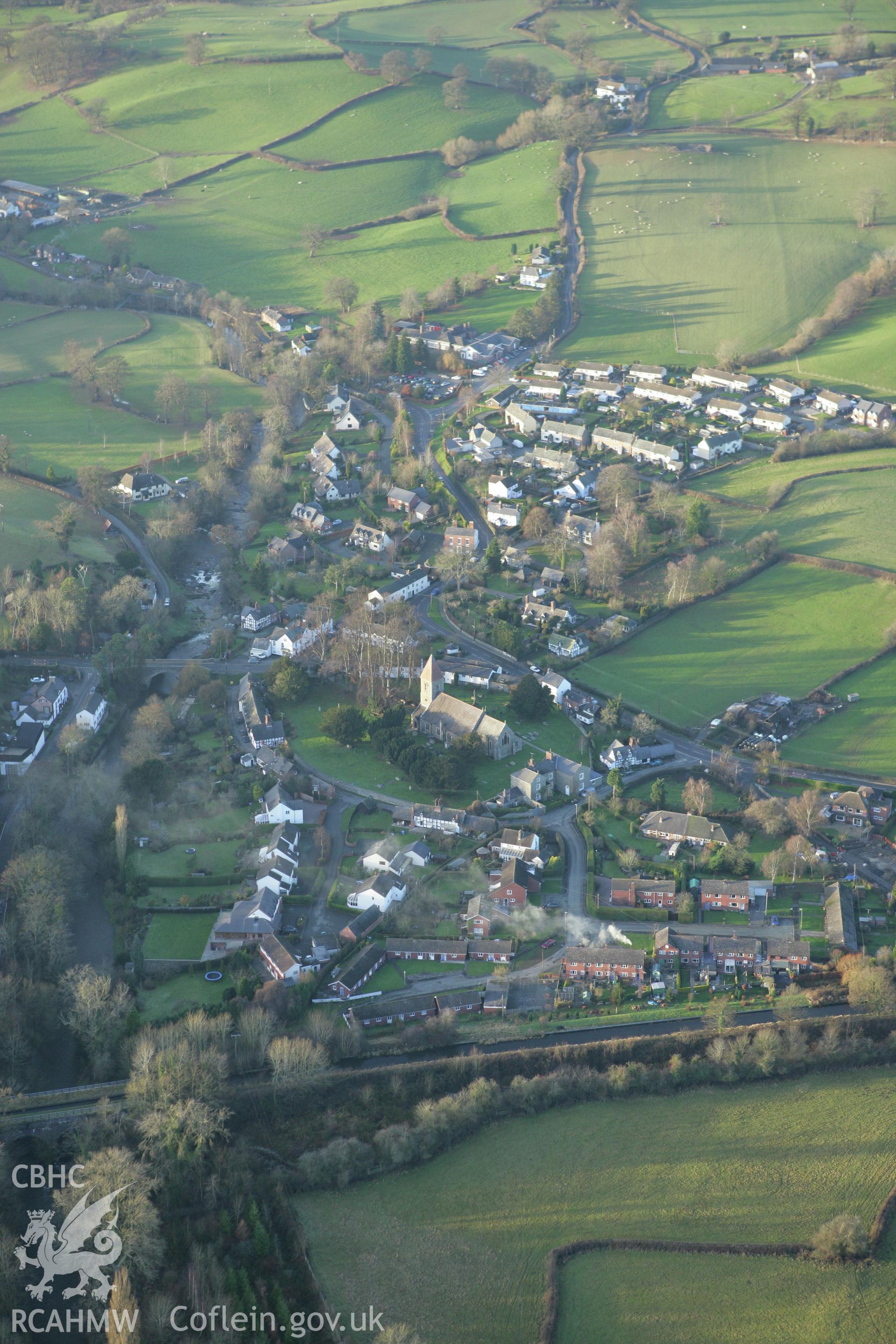 RCAHMW colour oblique photograph of Berriew, village. Taken by Toby Driver on 11/12/2007.