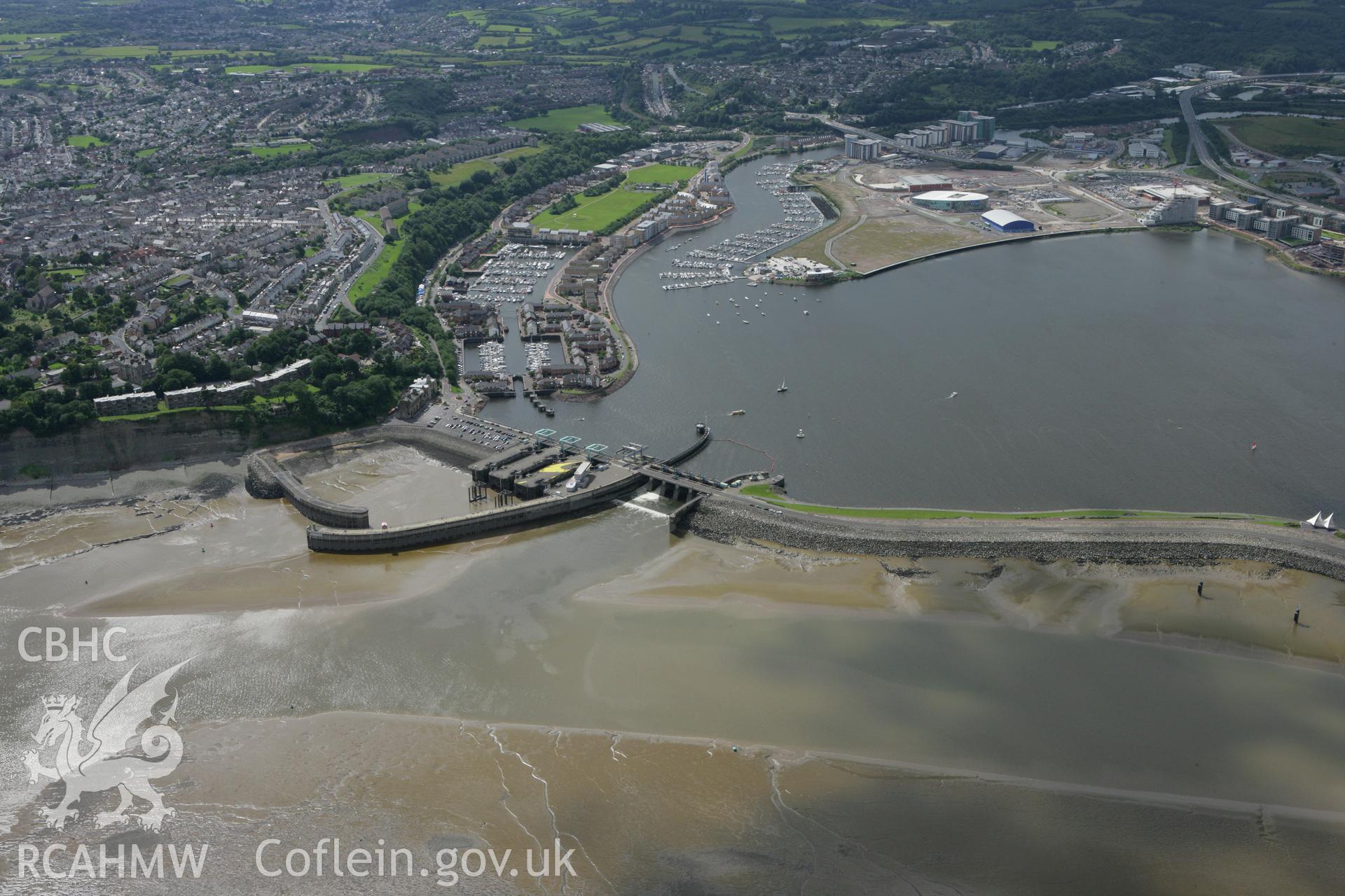 RCAHMW colour oblique aerial photograph of Cardiff Bay Barrage, Cardiff Bay. Taken on 30 July 2007 by Toby Driver