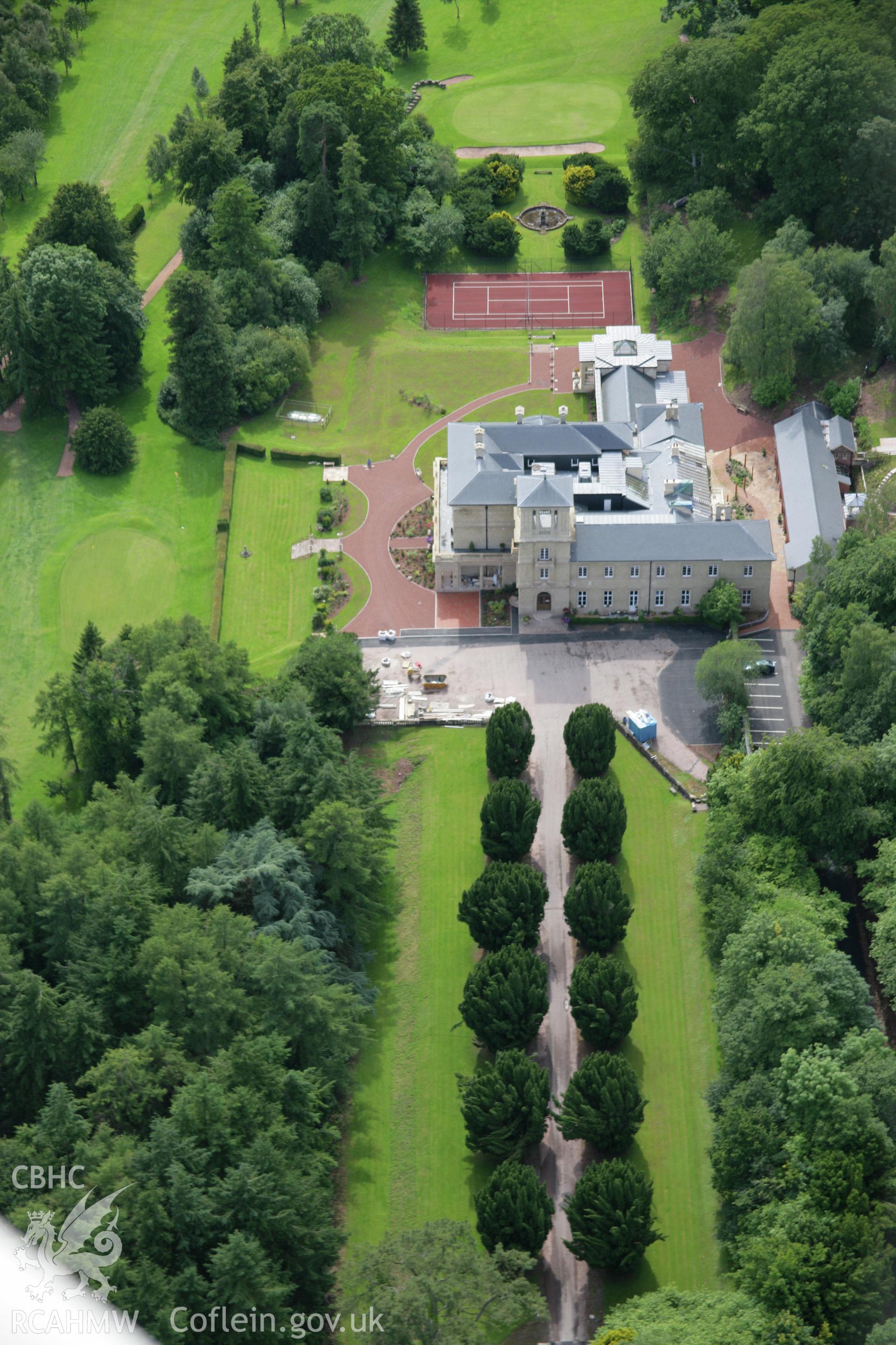 RCAHMW colour oblique aerial photograph of Penoyre House and Garden. Taken on 09 July 2007 by Toby Driver