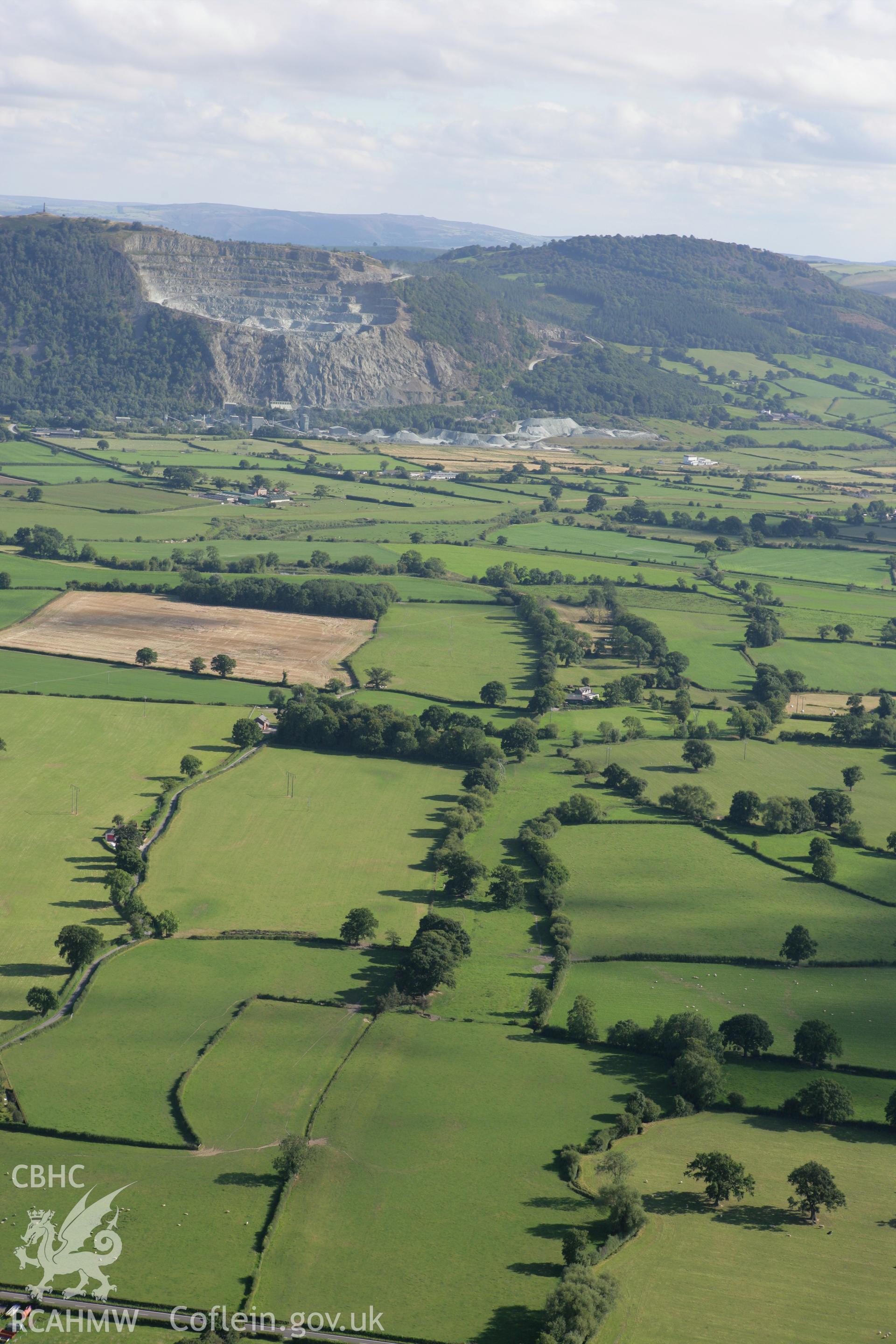 RCAHMW colour oblique aerial photograph of a section of Offa's Dyke extending 3000m southeast to Bele Brook, Llandrinio. Taken on 06 September 2007 by Toby Driver