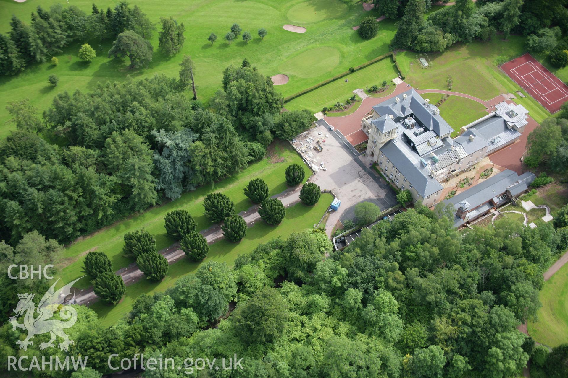 RCAHMW colour oblique aerial photograph of Penoyre Country House and Garden. Taken on 09 July 2007 by Toby Driver