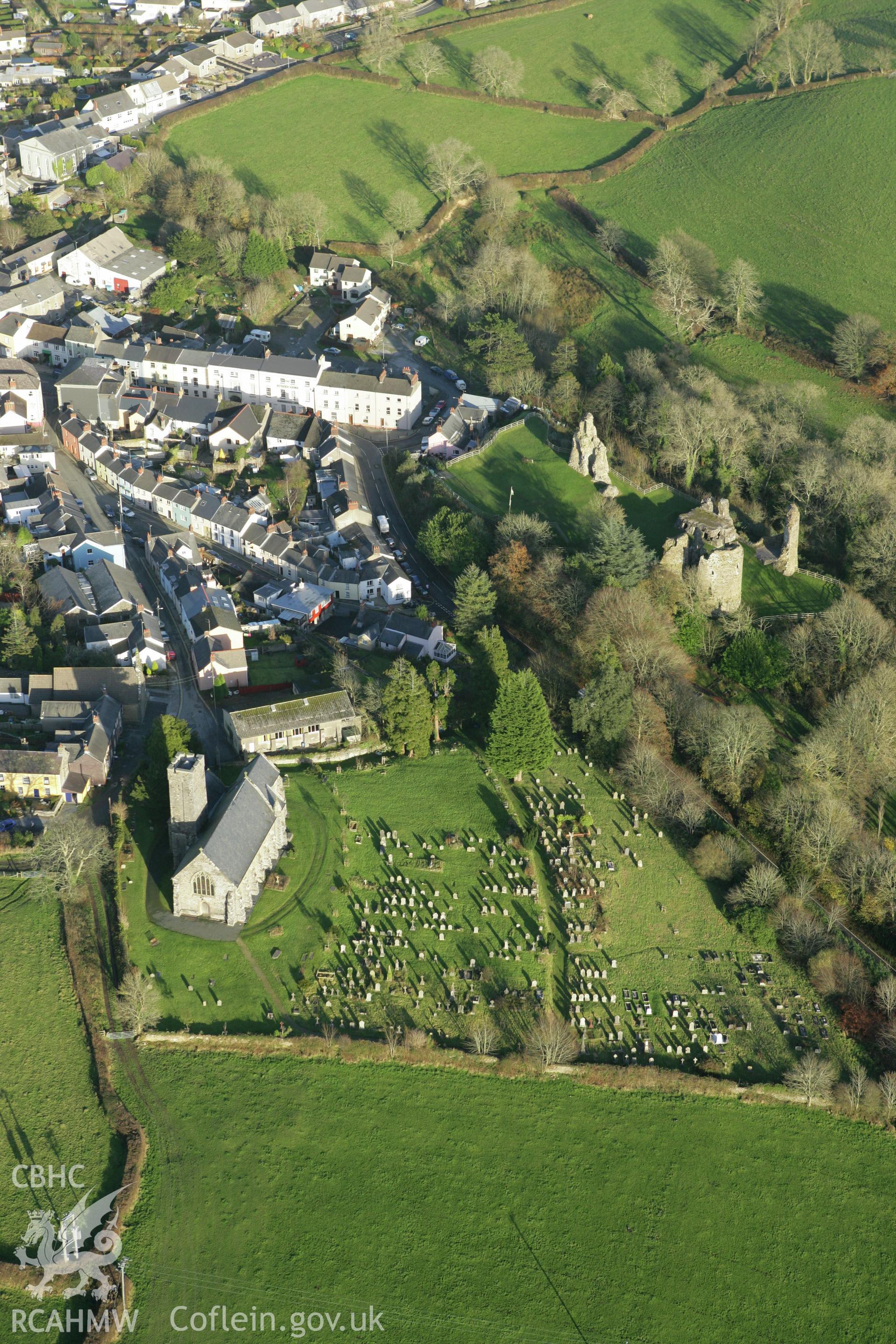 RCAHMW colour oblique photograph of Narberth, Castle and church. Taken by Toby Driver on 29/11/2007.