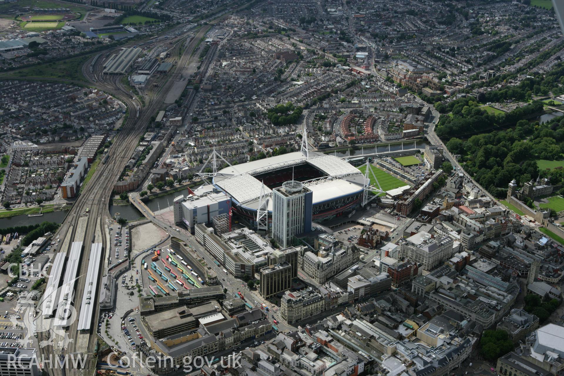 RCAHMW colour oblique aerial photograph of Cardiff Millennium Stadium. Taken on 30 July 2007 by Toby Driver