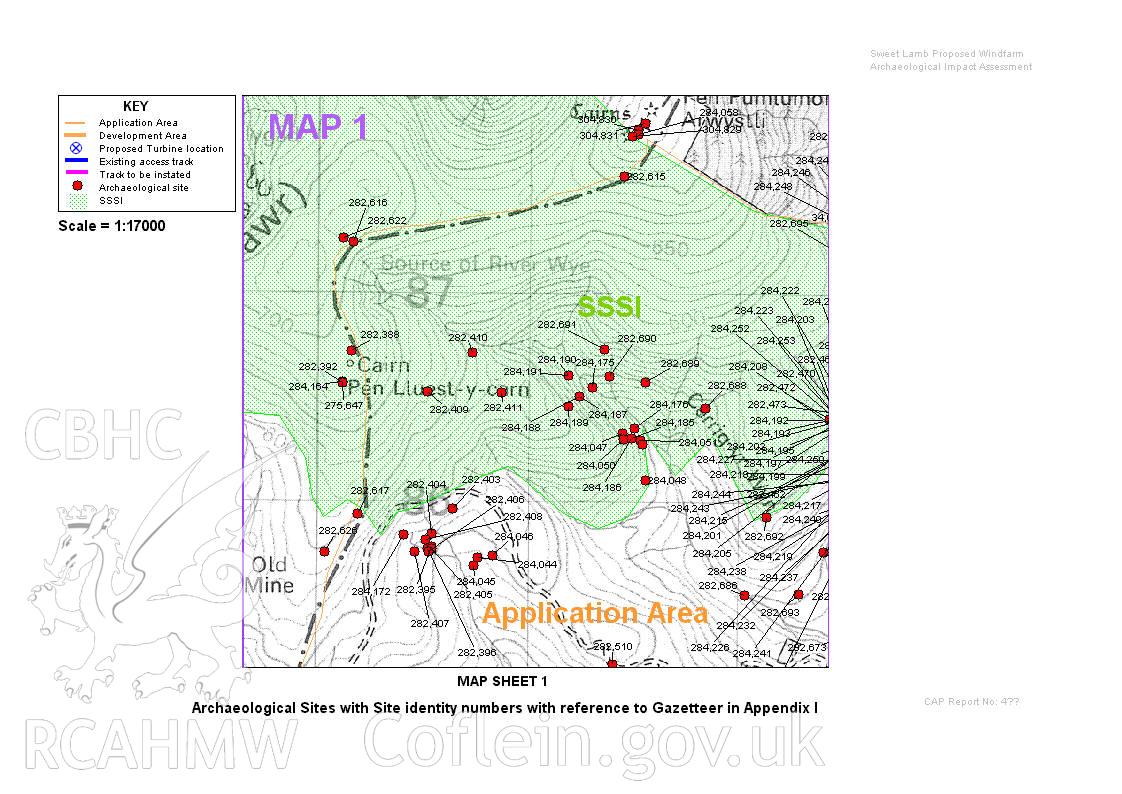 Map sheet 1 showing archaeological sites with site identity numbers with reference to Gazetteer in appendix 3 of the archaeological impact assessment of Sweet Lamb proposed windfarm, Y Foel, Llangurig.