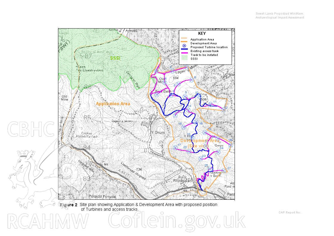 Site plan showing the proposed application and development area for the Sweet Lamb Wind Farm, Y Foel, Llangurig. The plan includes proposed position of turbines and access tracks.