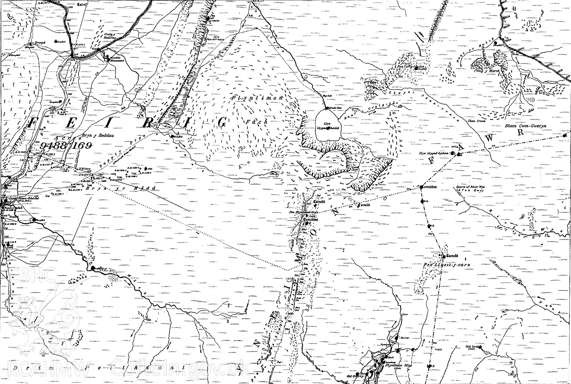 Part of a map showing Plynlimon Fach and the surrounding area. Undated.