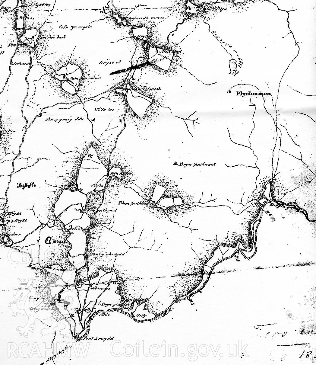 Part of an 1833 map showing Plynlimon and the surrounding area.