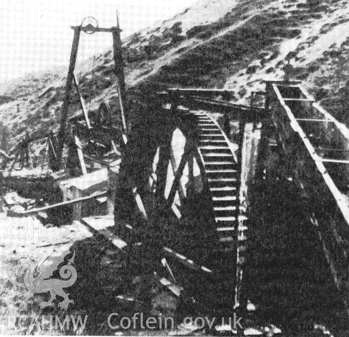 Black and white photograph showing mining machinery at Nant Iago.