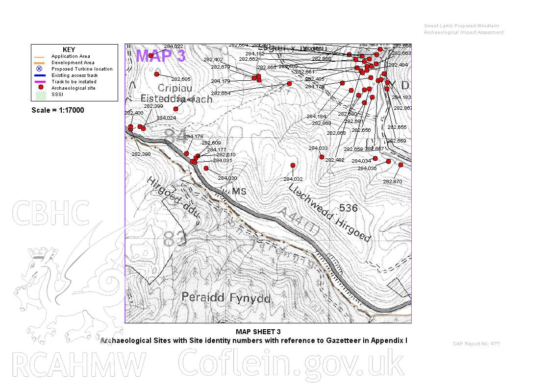 Map sheet 3 showing archaeological sites with site identity numbers with reference to Gazetteer in appendix 3 of the archaeological impact assessment of Sweet Lamb proposed windfarm, Y Foel, Llangurig.