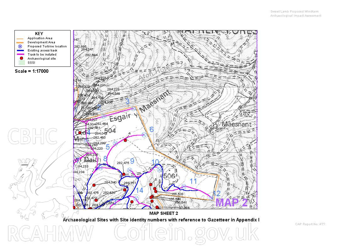 Map sheet 2 showing archaeological sites with site identity numbers with reference to Gazetteer in appendix 3 of the archaeological impact assessment of Sweet Lamb proposed windfarm, Y Foel, Llangurig.