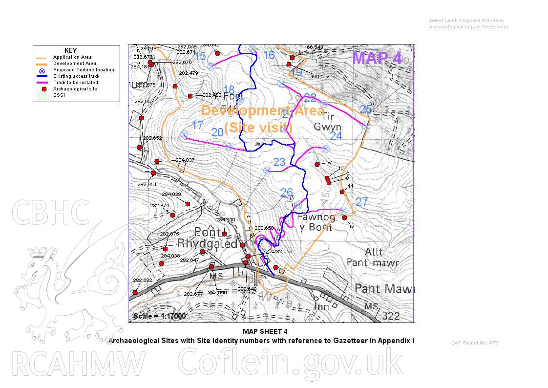 Map sheet 4 showing archaeological sites with site identity numbers with reference to Gazetteer in appendix 3 of the archaeological impact assessment of Sweet Lamb proposed windfarm, Y Foel, Llangurig.