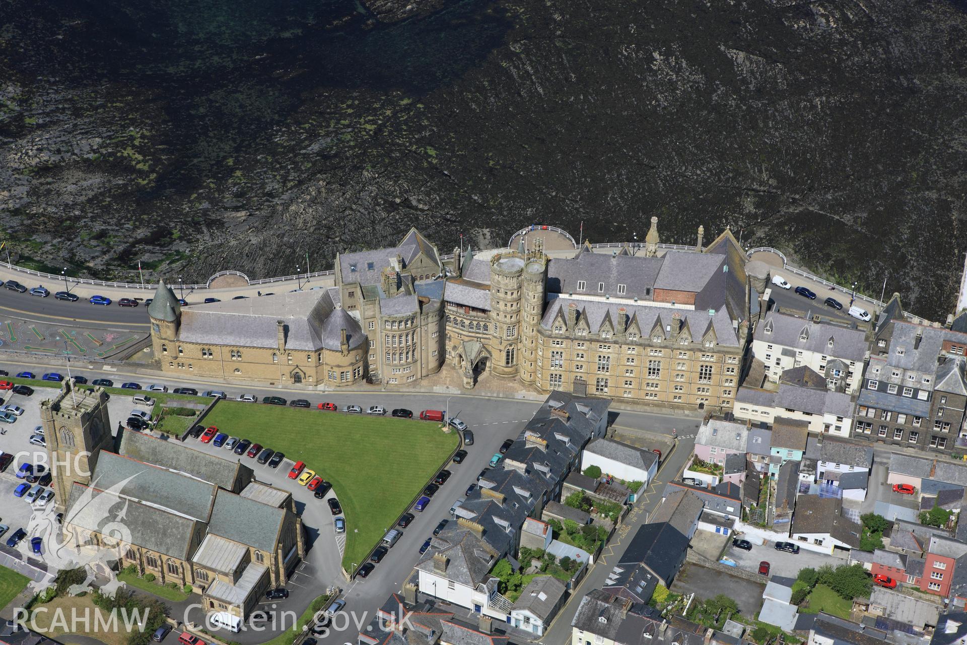 RCAHMW colour oblique aerial photograph of Castle House Hotel (Old College), University College of Wales, Aberystwyth. Taken on 02 June 2009 by Toby Driver