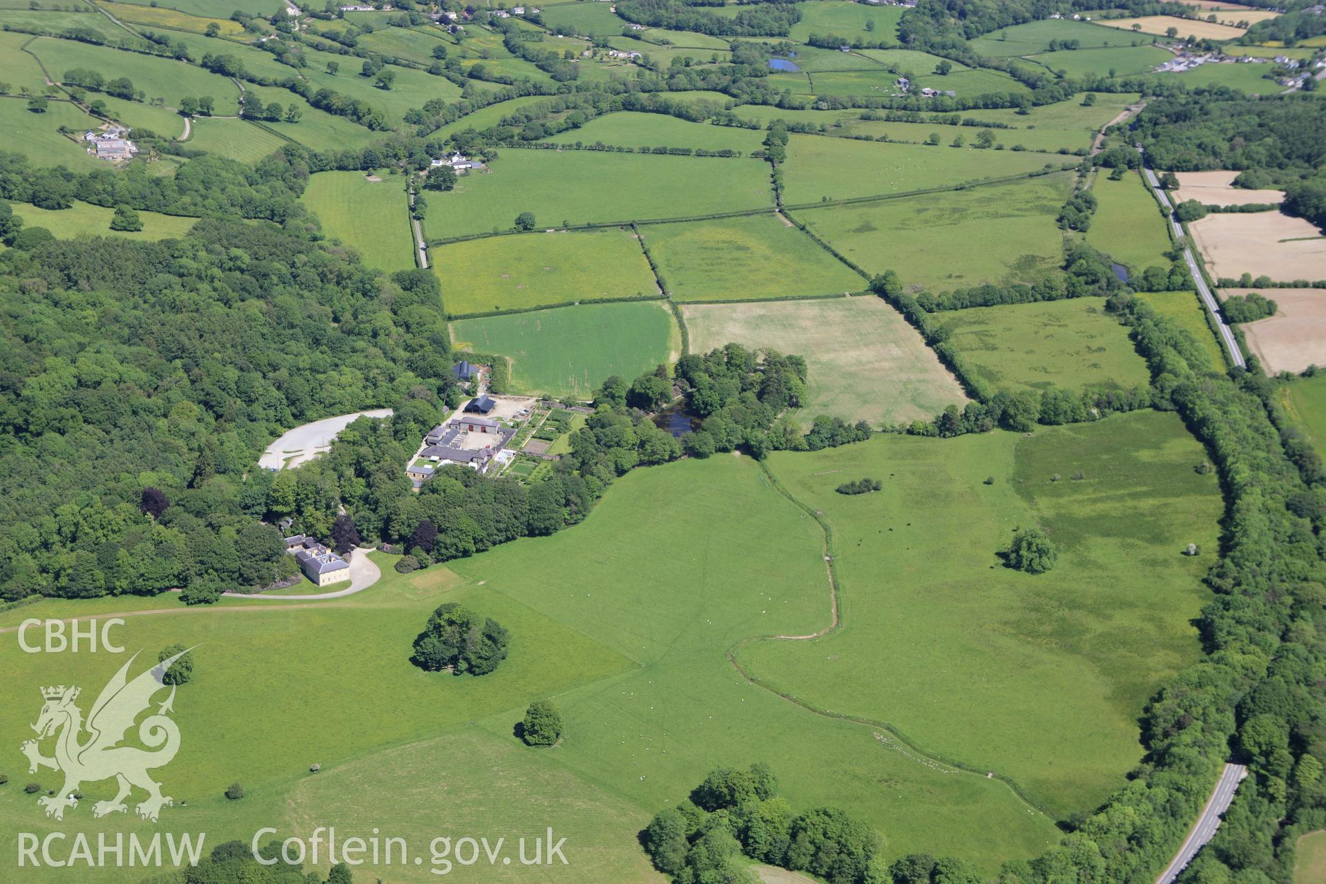 RCAHMW colour oblique aerial photograph of Llanerchaeron House, Plas Llanerchaeron. Taken on 01 June 2009 by Toby Driver