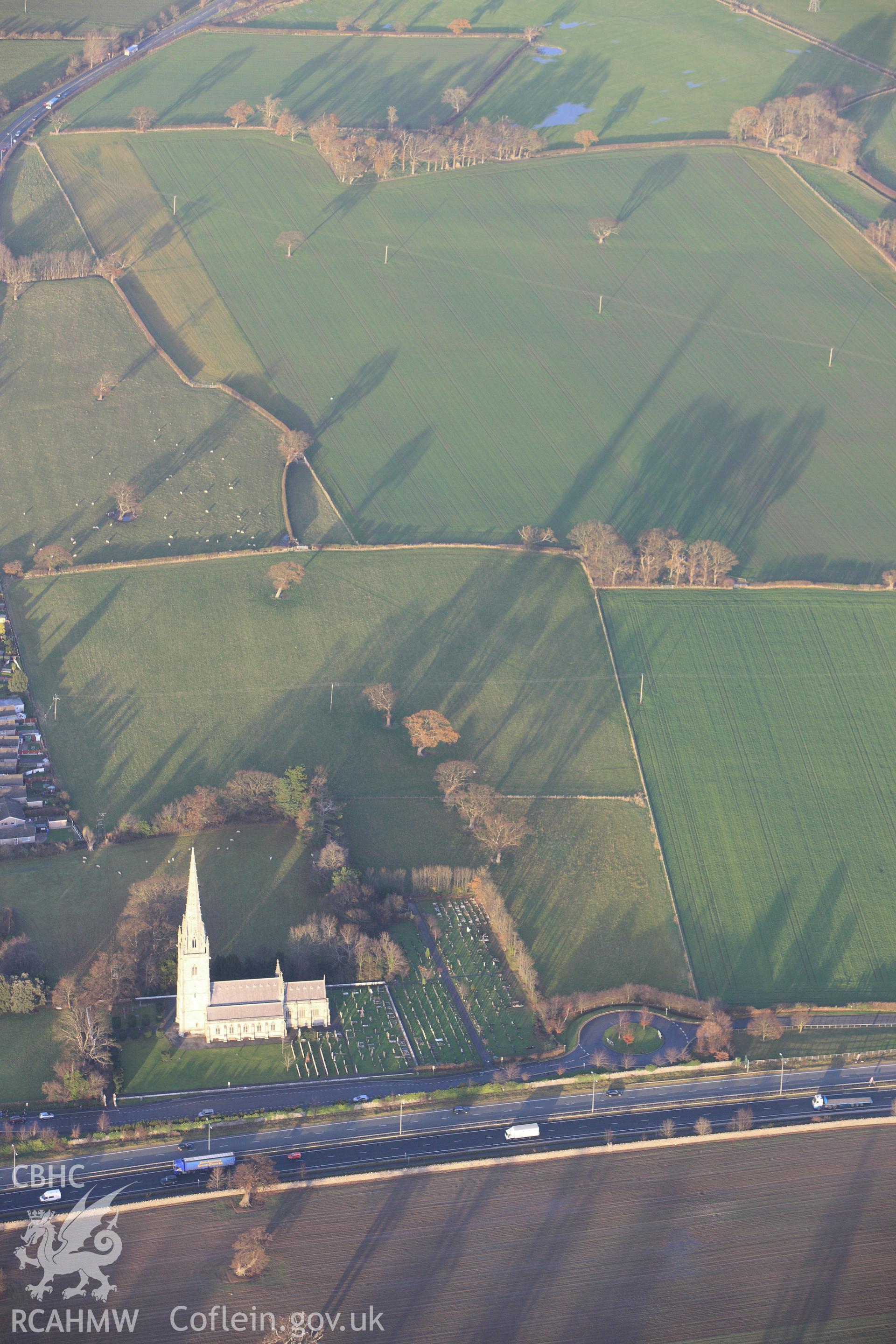 RCAHMW colour oblique aerial photograph of St Margaret's Church (The Marble Church), Bodelwyddan. Taken on 10 December 2009 by Toby Driver