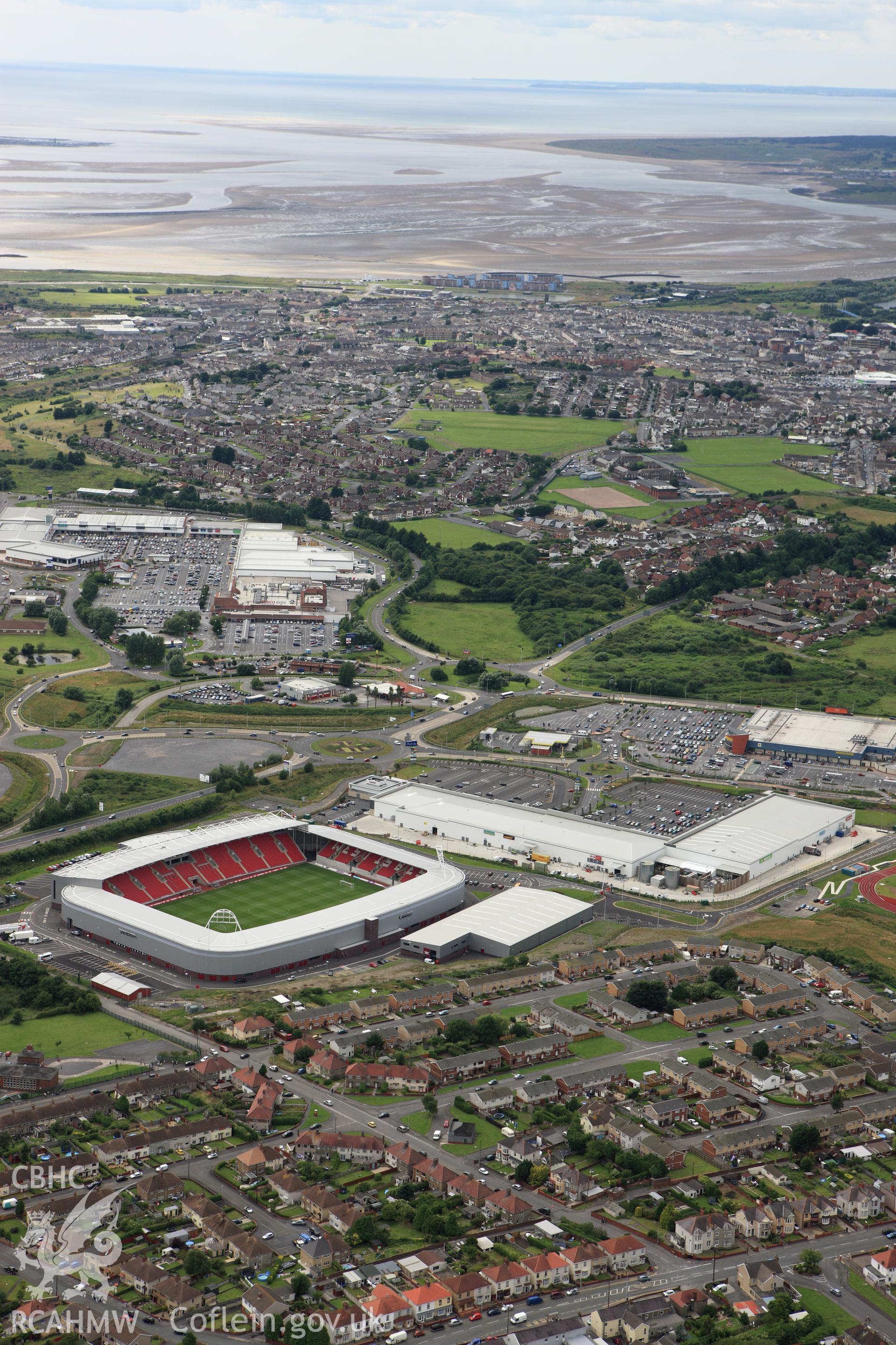 RCAHMW colour oblique aerial photograph of Parc-y-Scarlets Stadium, Llanelli. Taken on 09 July 2009 by Toby Driver