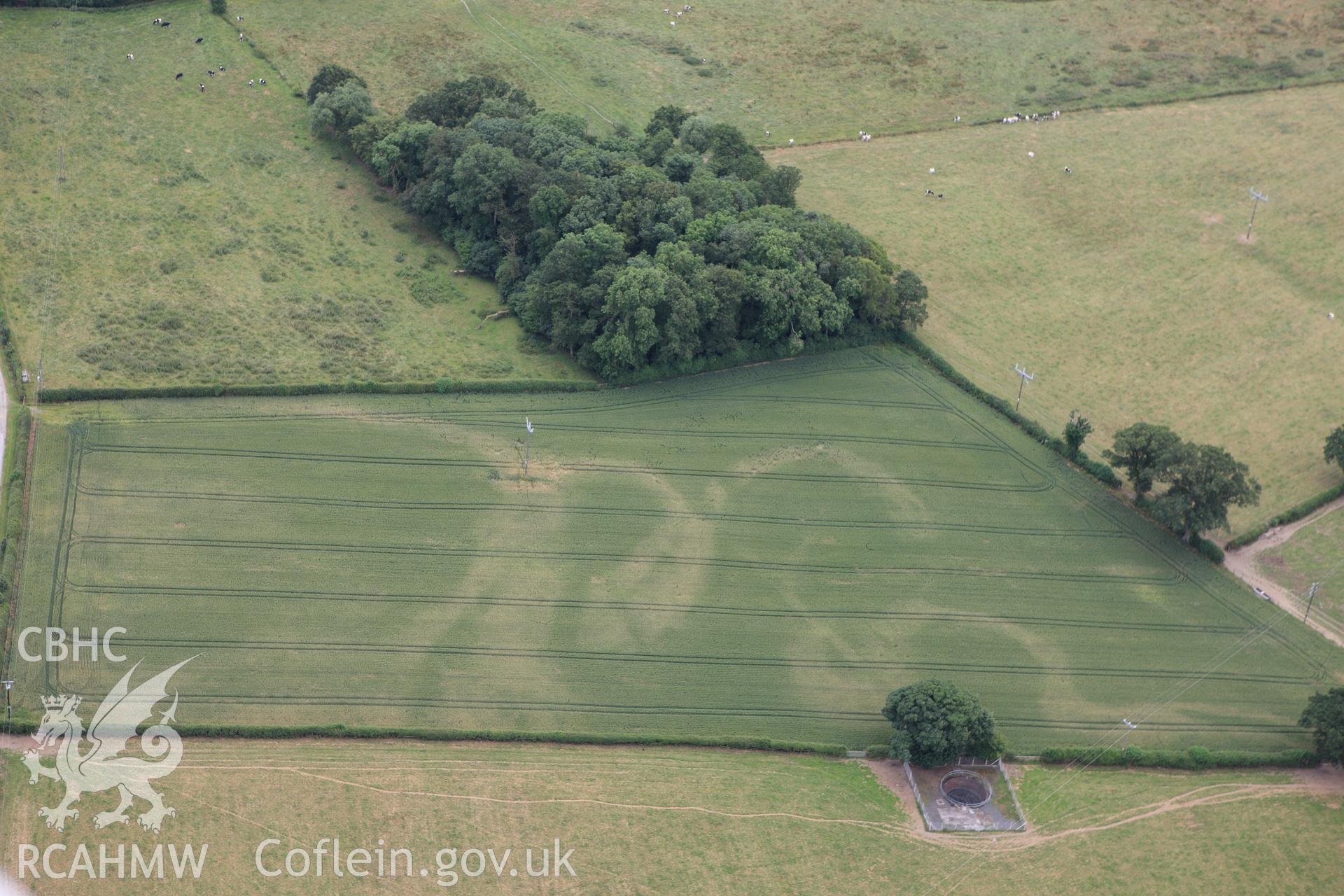 RCAHMW colour oblique aerial photograph of non-archaeological cropmarks in field near Gwern y go. Taken on 08 July 2009 by Toby Driver