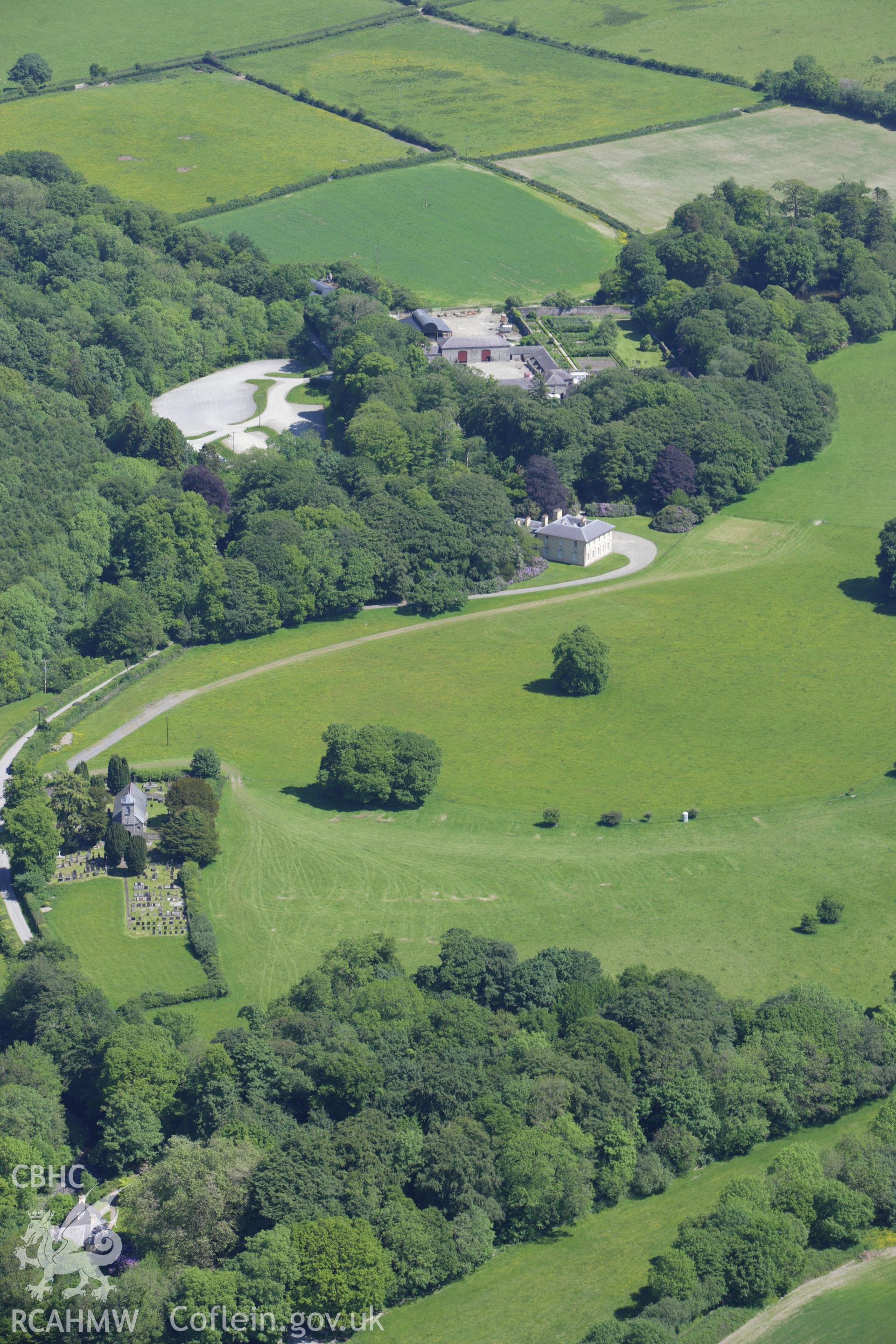RCAHMW colour oblique aerial photograph of Llanerchaeron House, Plas Llanerchaeron. Taken on 01 June 2009 by Toby Driver