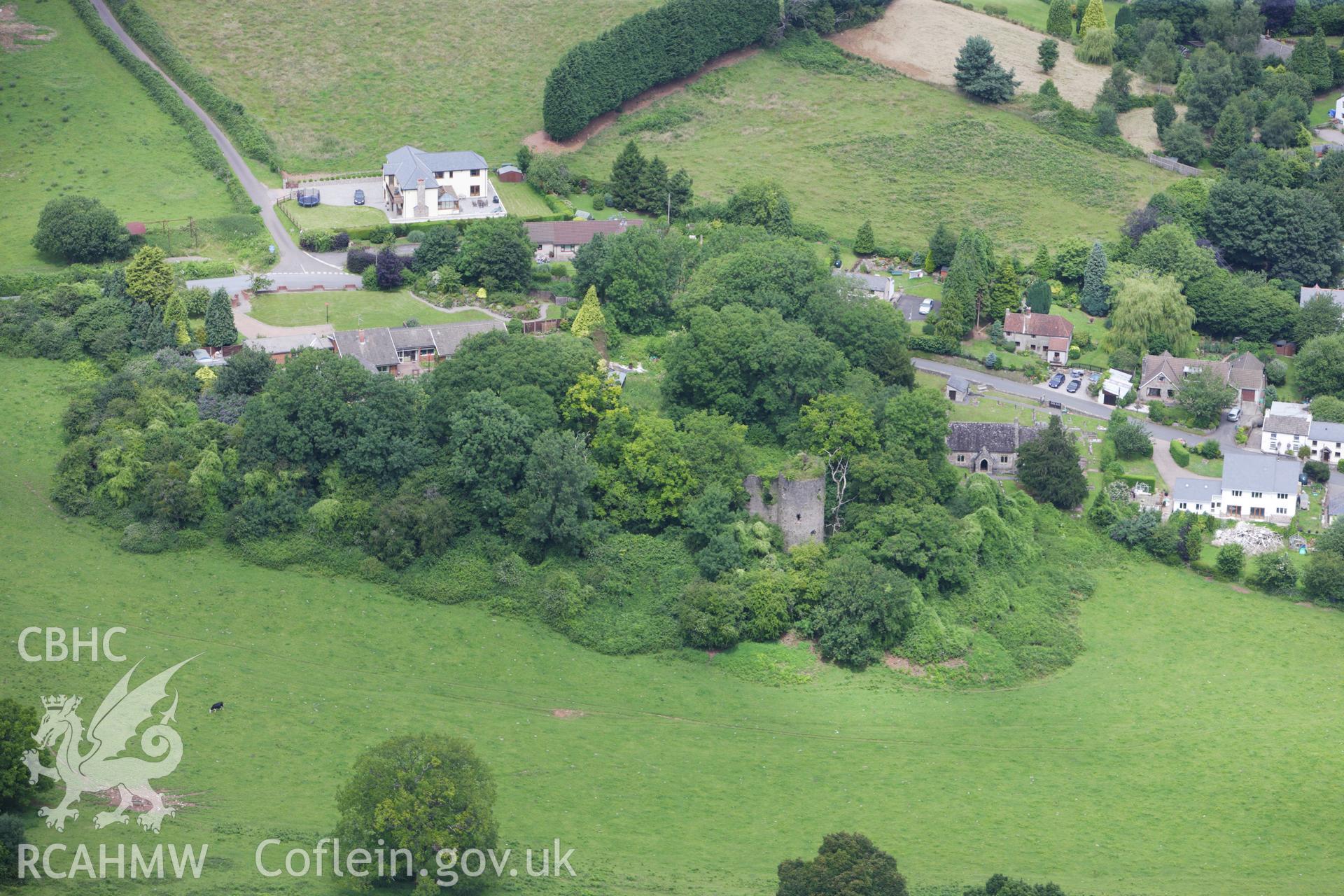 RCAHMW colour oblique aerial photograph of Llanfair Discoed Castle. Taken on 09 July 2009 by Toby Driver