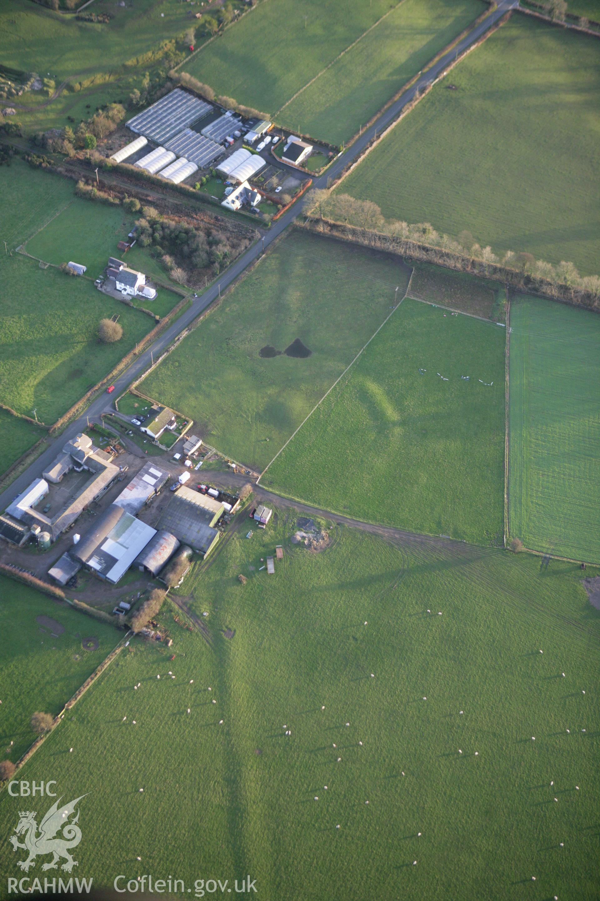 RCAHMW colour oblique aerial photograph of a circle, barrow and linear earthworks at Holywell. Taken on 10 December 2009 by Toby Driver
