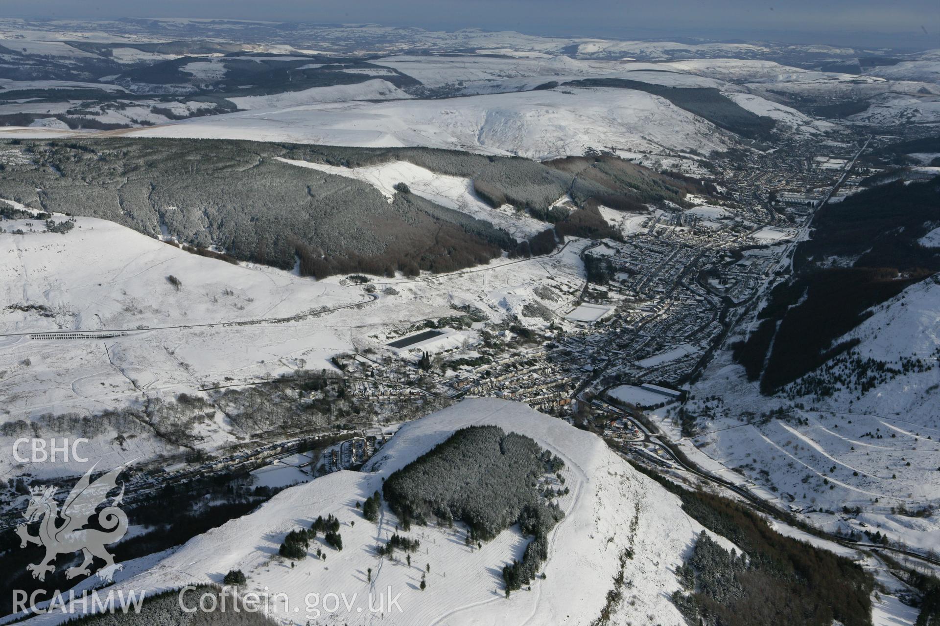 RCAHMW colour oblique photograph of Blaenrhondda village, winter landscape from the north-west. Taken by Toby Driver on 06/02/2009.
