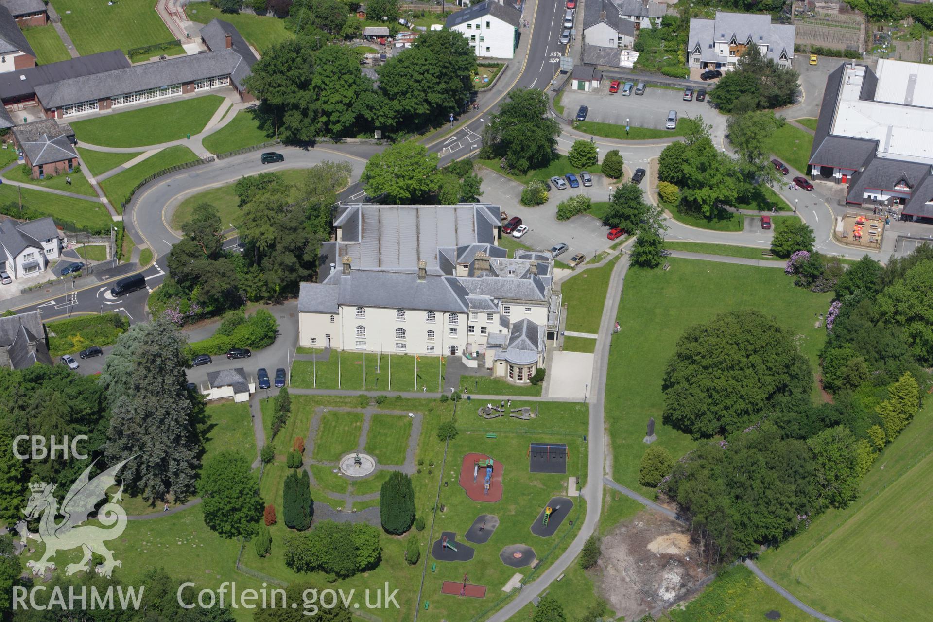 RCAHMW colour oblique aerial photograph of Plas Machynlleth. Taken on 02 June 2009 by Toby Driver