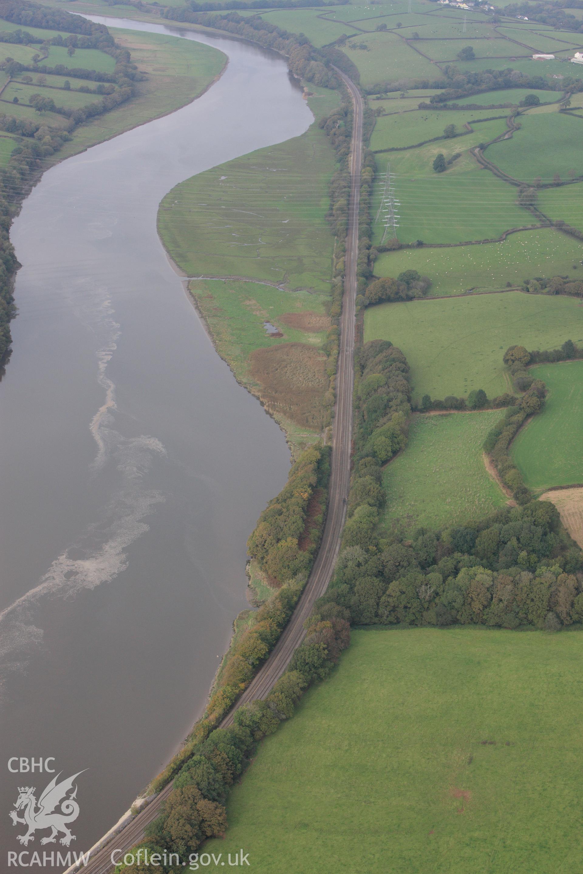 RCAHMW colour oblique aerial photograph of River Towy south of Carmarthen. Taken on 14 October 2009 by Toby Driver