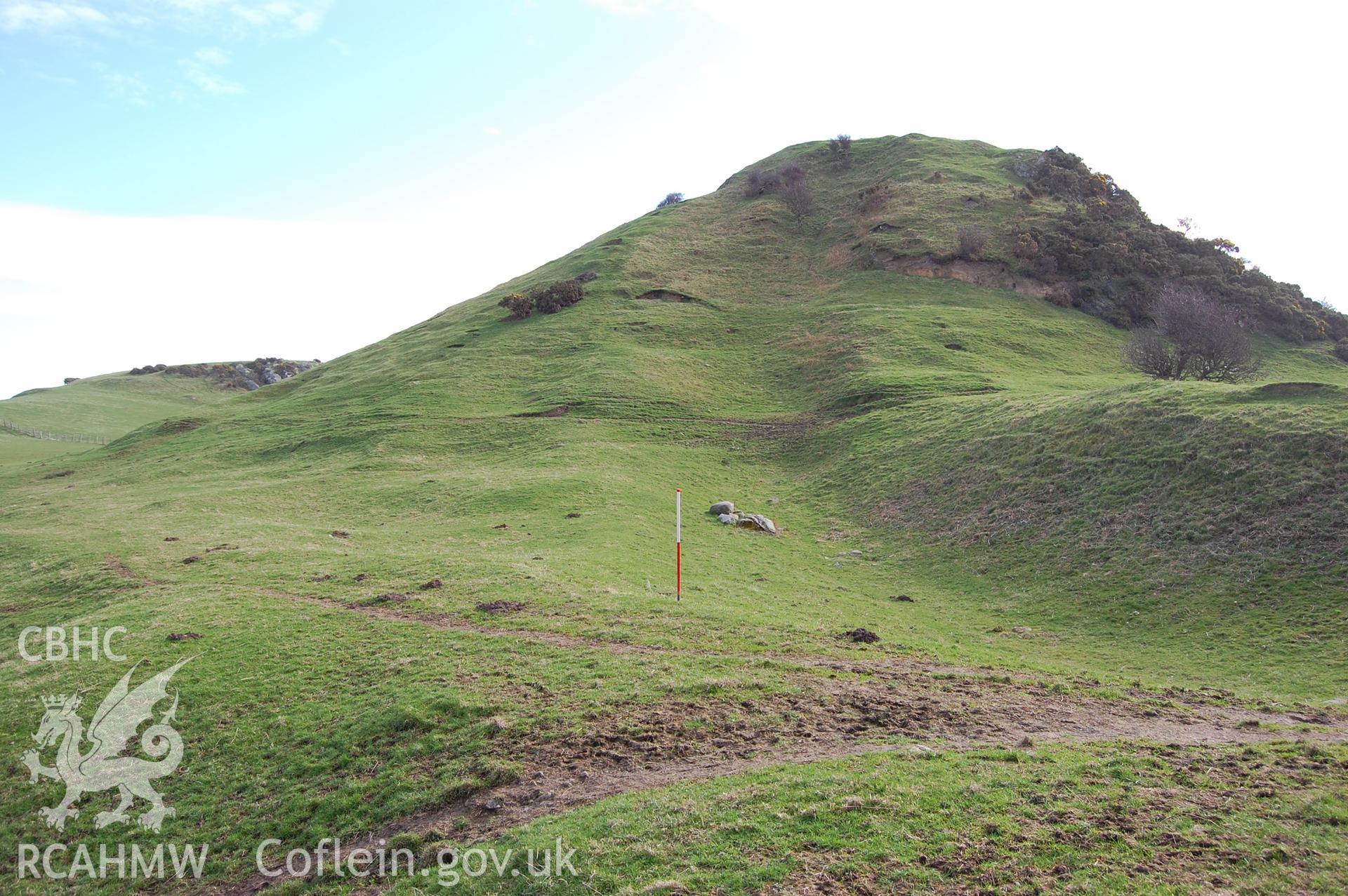 Digital photograph from an archaeological assessment of Deganwy Castle, carried out by Gwynedd Archaeological Trust, 2009. View up main North ditch with incline next to it.