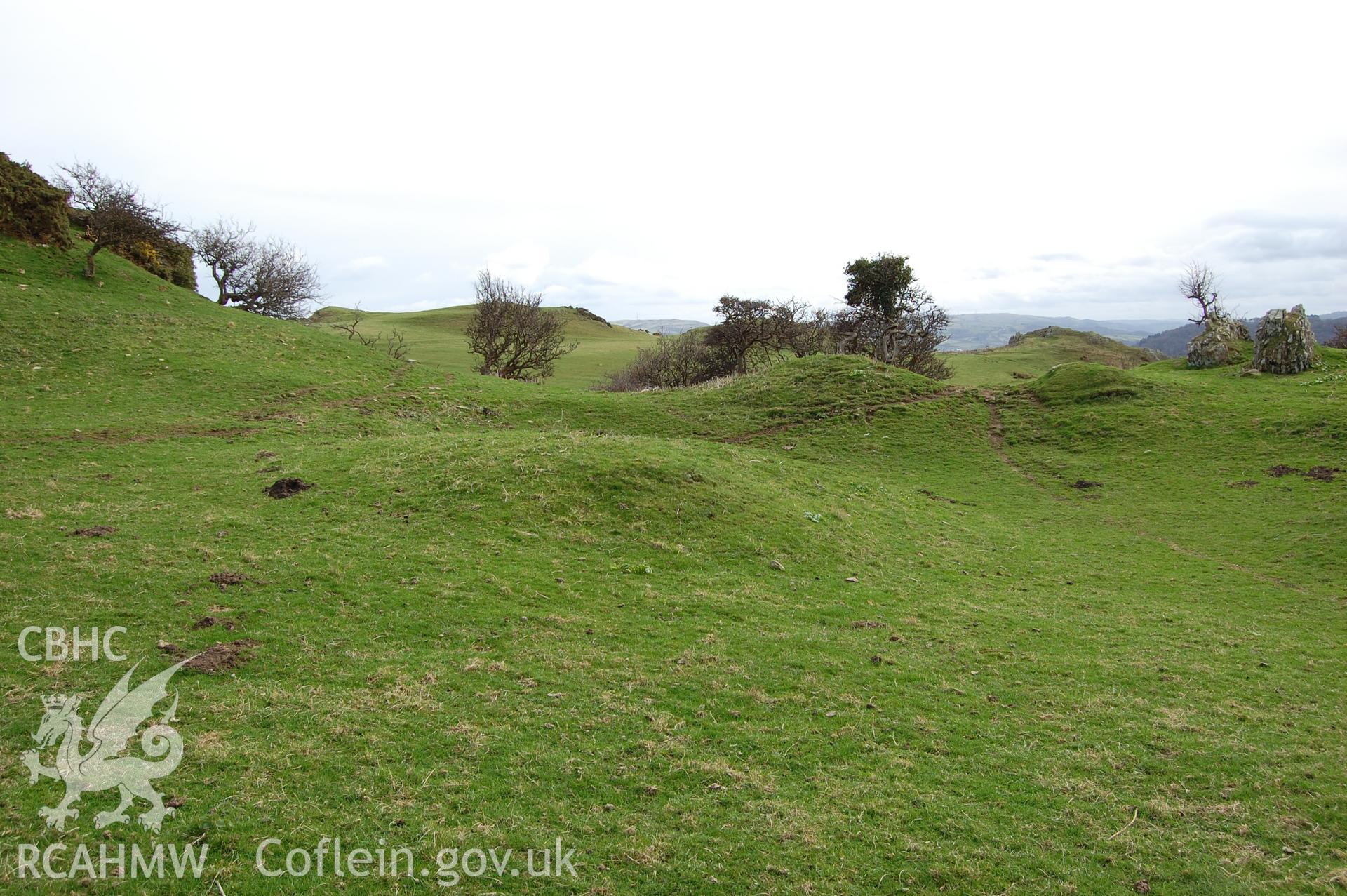 Digital photograph from an archaeological assessment of Deganwy Castle, carried out by Gwynedd Archaeological Trust, 2009. Earthworks forming part of South gate.