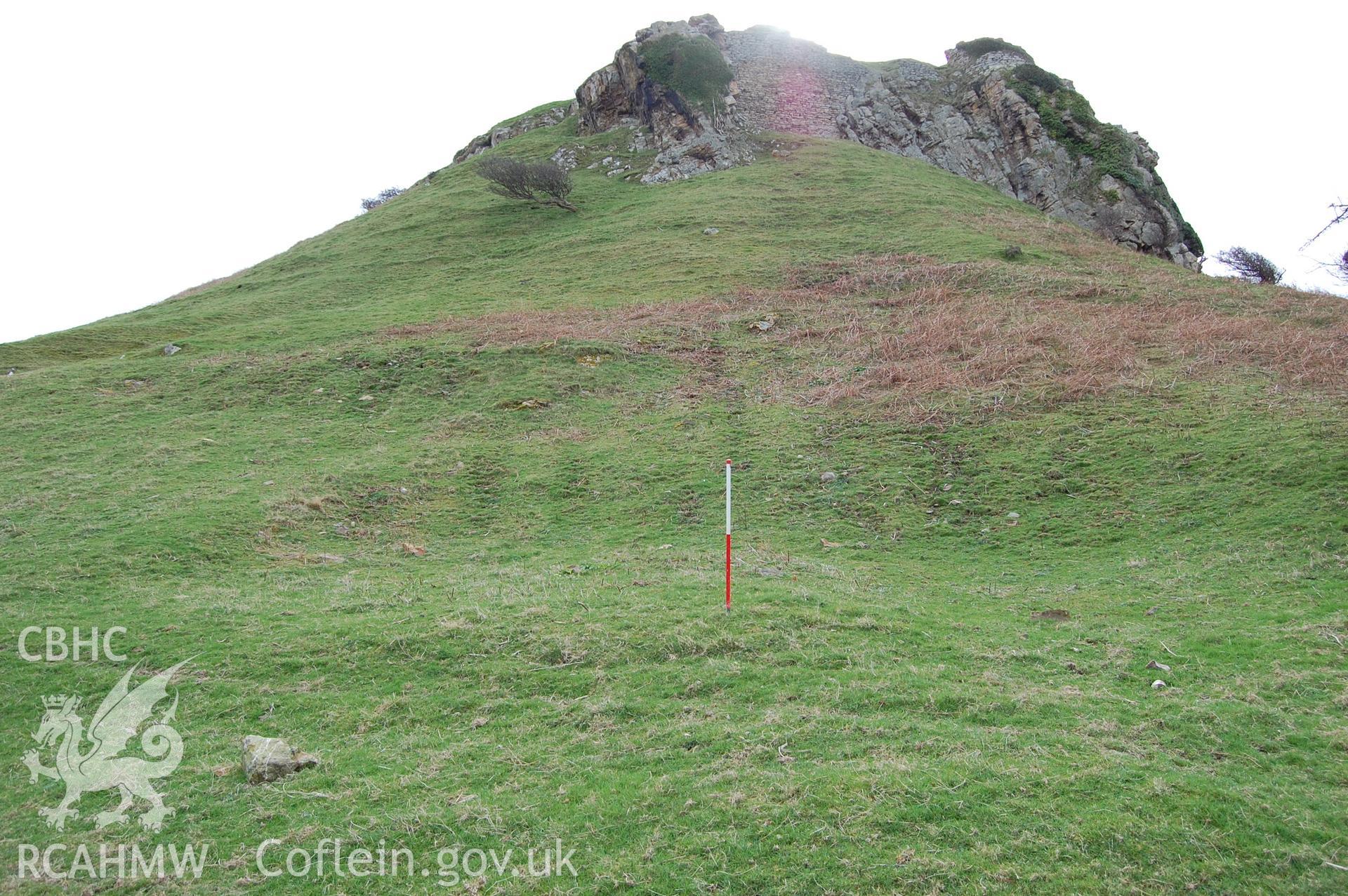 Digital photograph from an archaeological assessment of Deganwy Castle, carried out by Gwynedd Archaeological Trust, 2009. House platform.