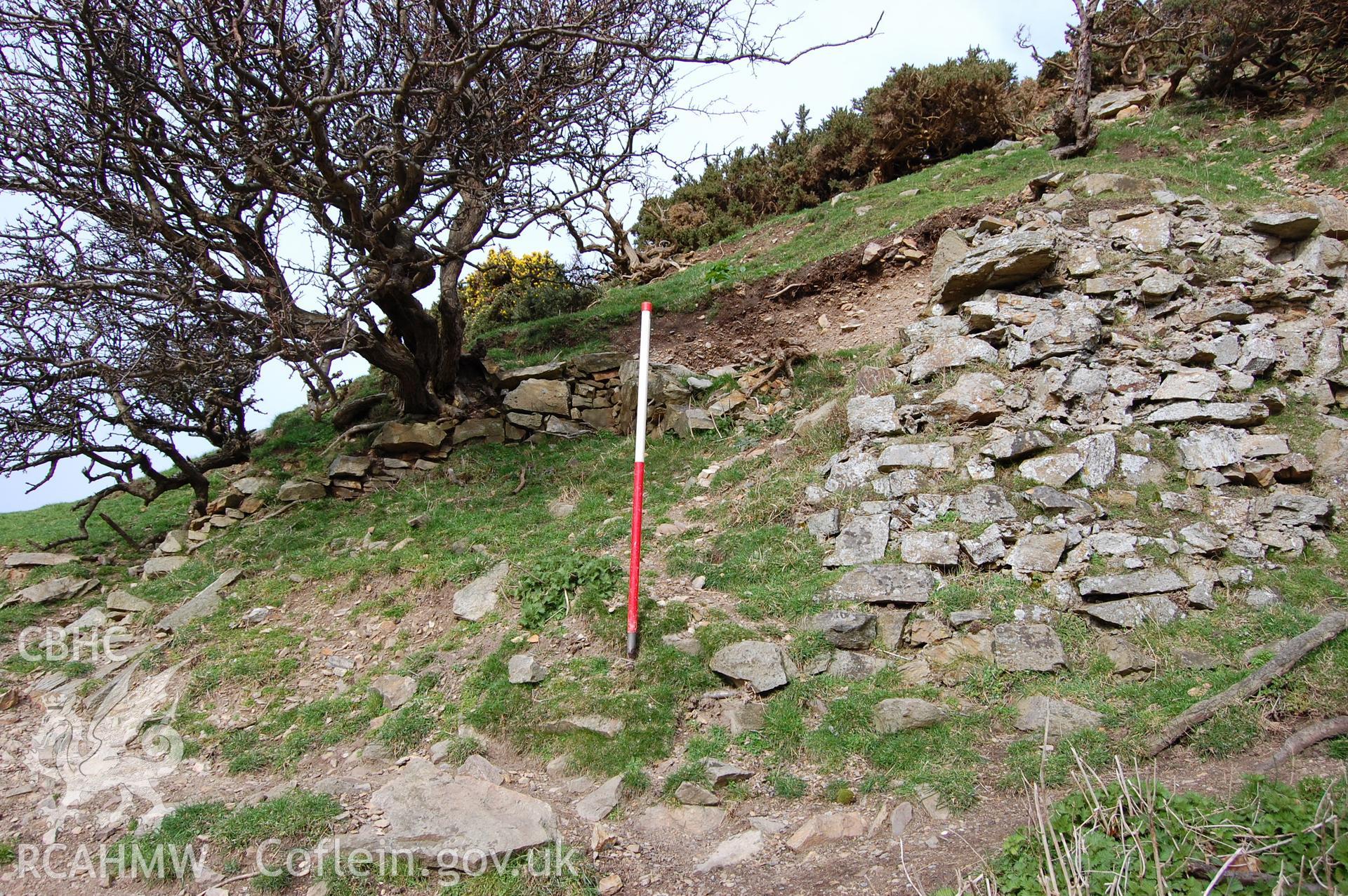 Digital photograph from an archaeological assessment of Deganwy Castle, carried out by Gwynedd Archaeological Trust, 2009. Remains of square tower (?) on South wall.