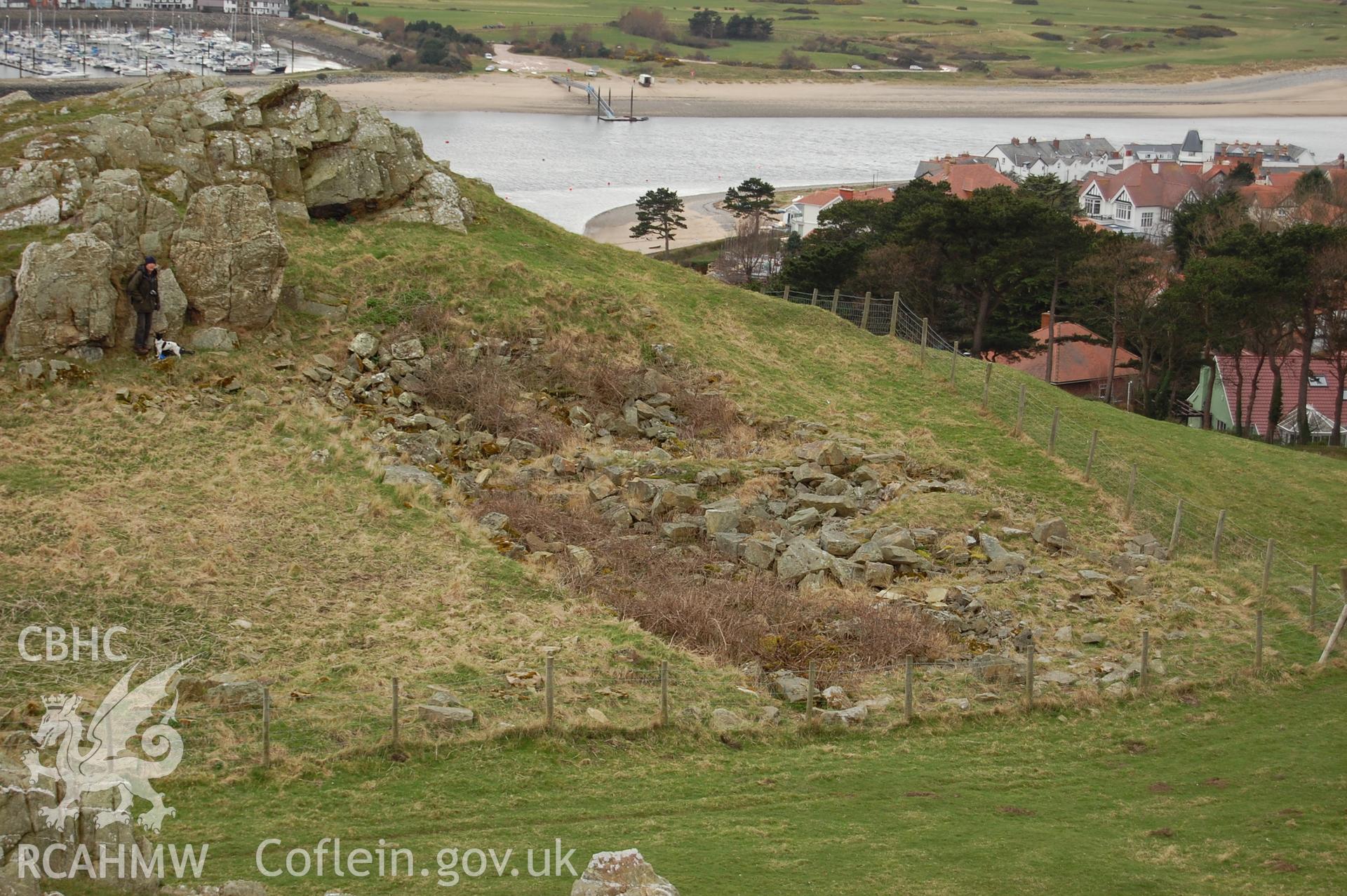 Digital photograph from an archaeological assessment of Deganwy Castle, carried out by Gwynedd Archaeological Trust, 2009. Fattw from crag to East.