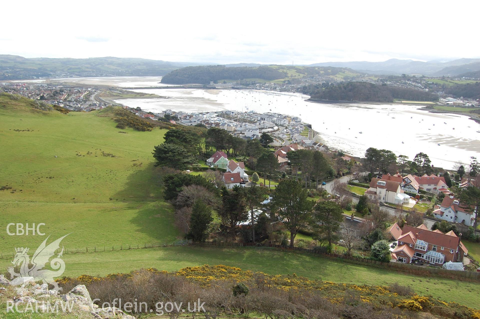 Digital photograph from an archaeological assessment of Deganwy Castle, carried out by Gwynedd Archaeological Trust, 2009. View to Conwy Castle from near upper gate to donjon.