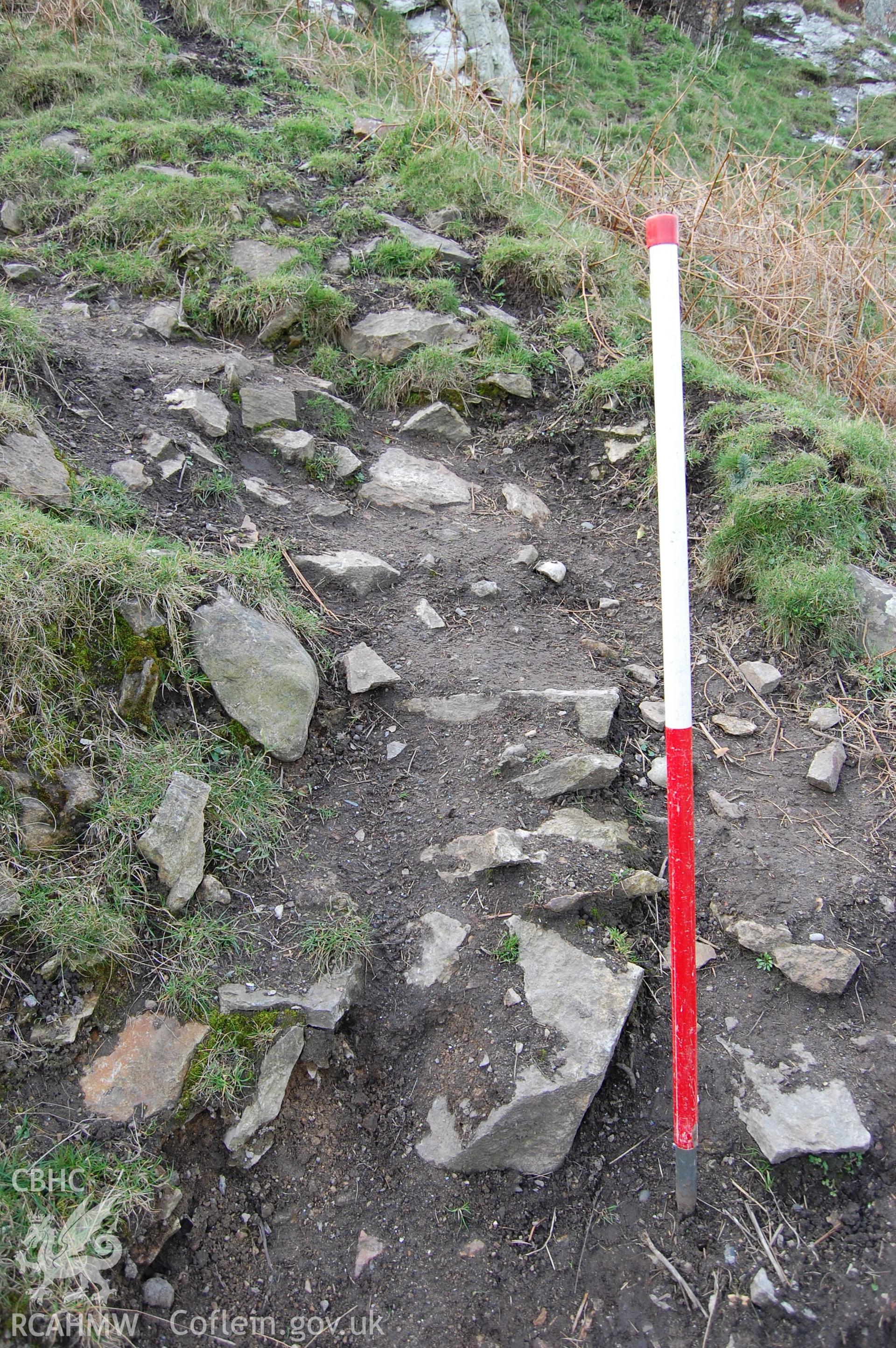 Digital photograph from an archaeological assessment of Deganwy Castle, carried out by Gwynedd Archaeological Trust, 2009. Traces of North wall further down slope.