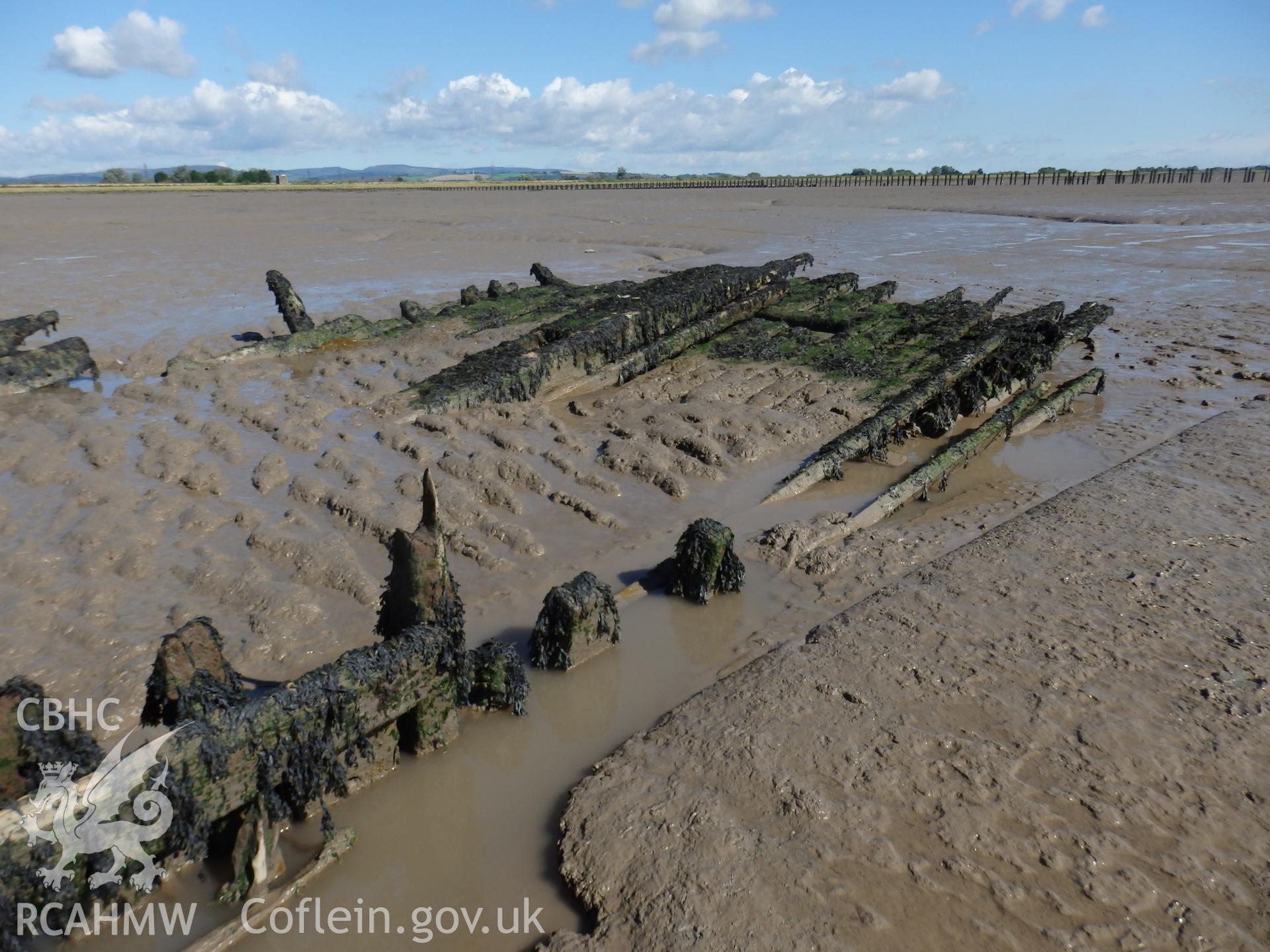 Aerial photograph showing wreck at Rumney Great Wharf, taken by Paul Davis, 29th August 2016.