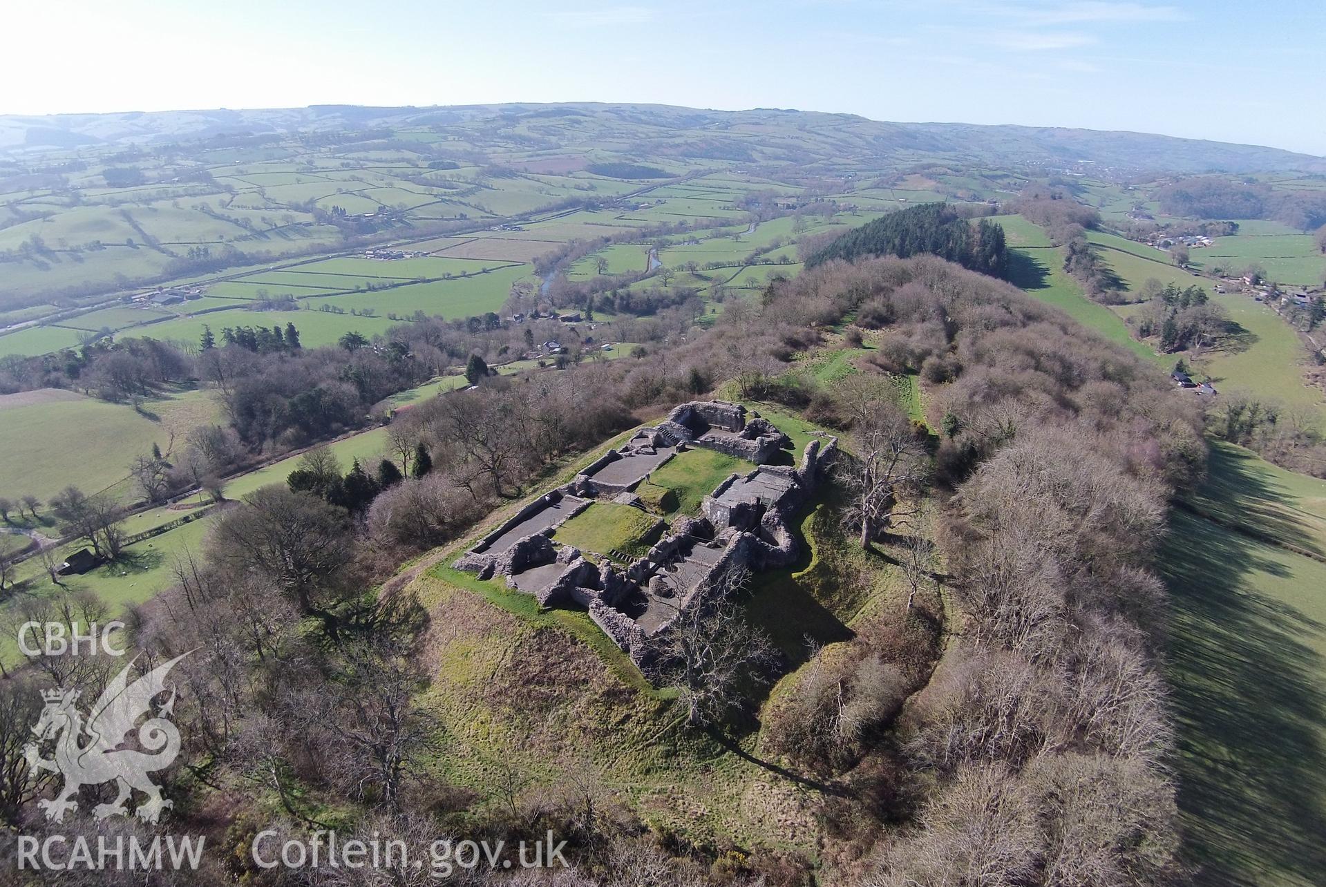 Digital aerial photograph showing Castell Dolforwyn.