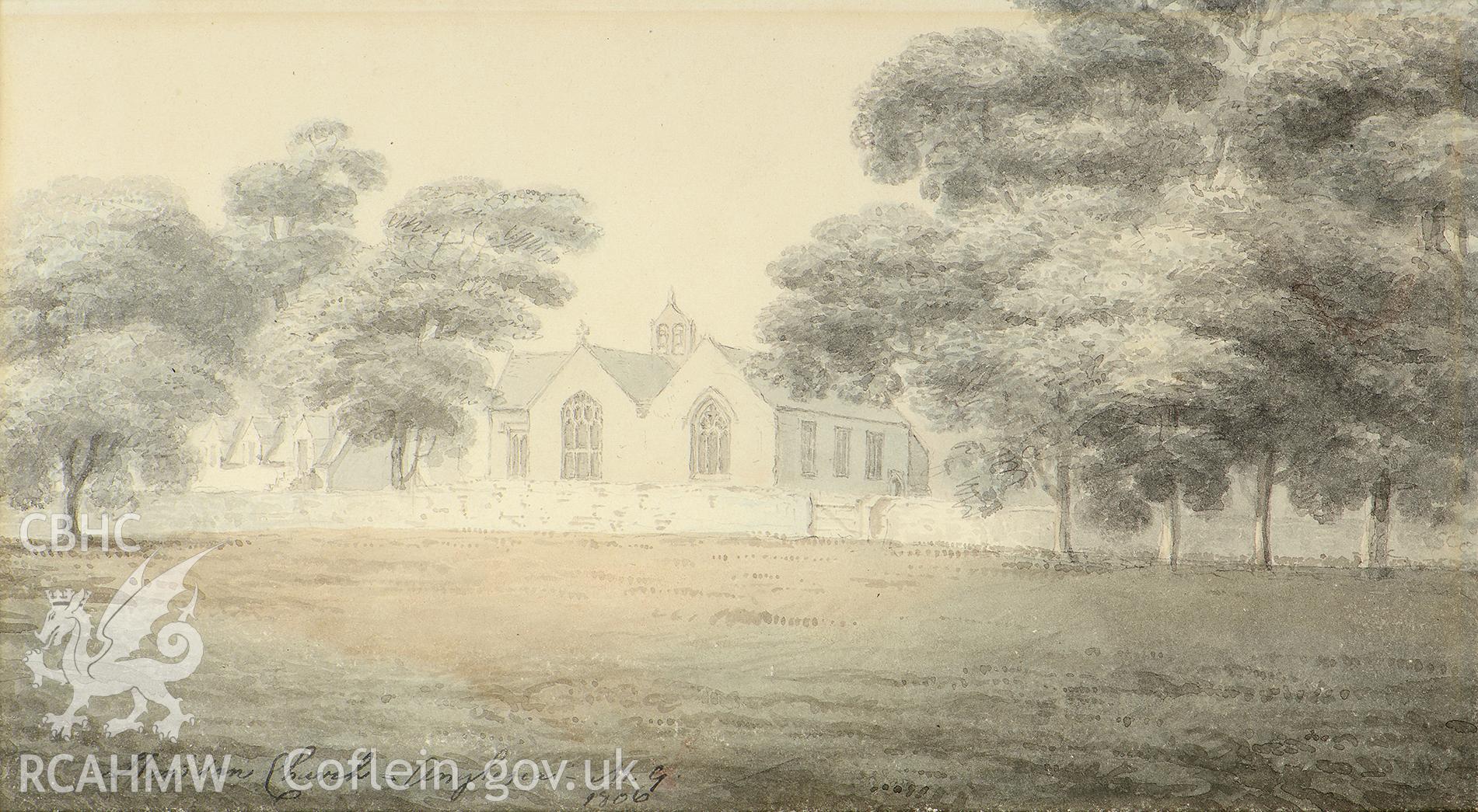 Digital scan of a watercolour of St Nidan, Llanidan by Moses Griffith, 1806.