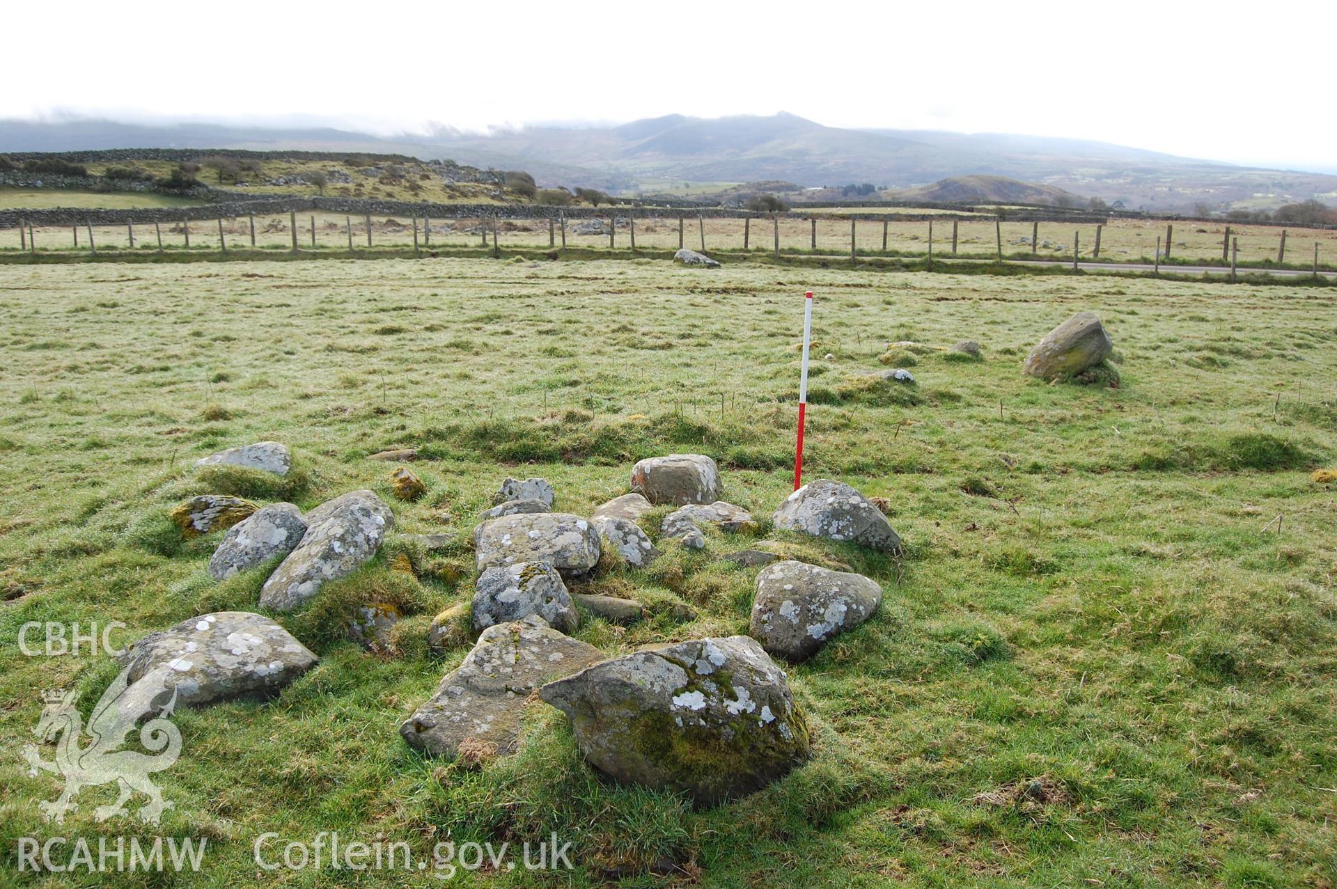 Digitial photograph of cairn overlying stone field boundary, from a Gwynedd Archaeological Trust archaeological assessment of a field to the rear of Capel En-gedi, Rhiwgoch, near Harlech.