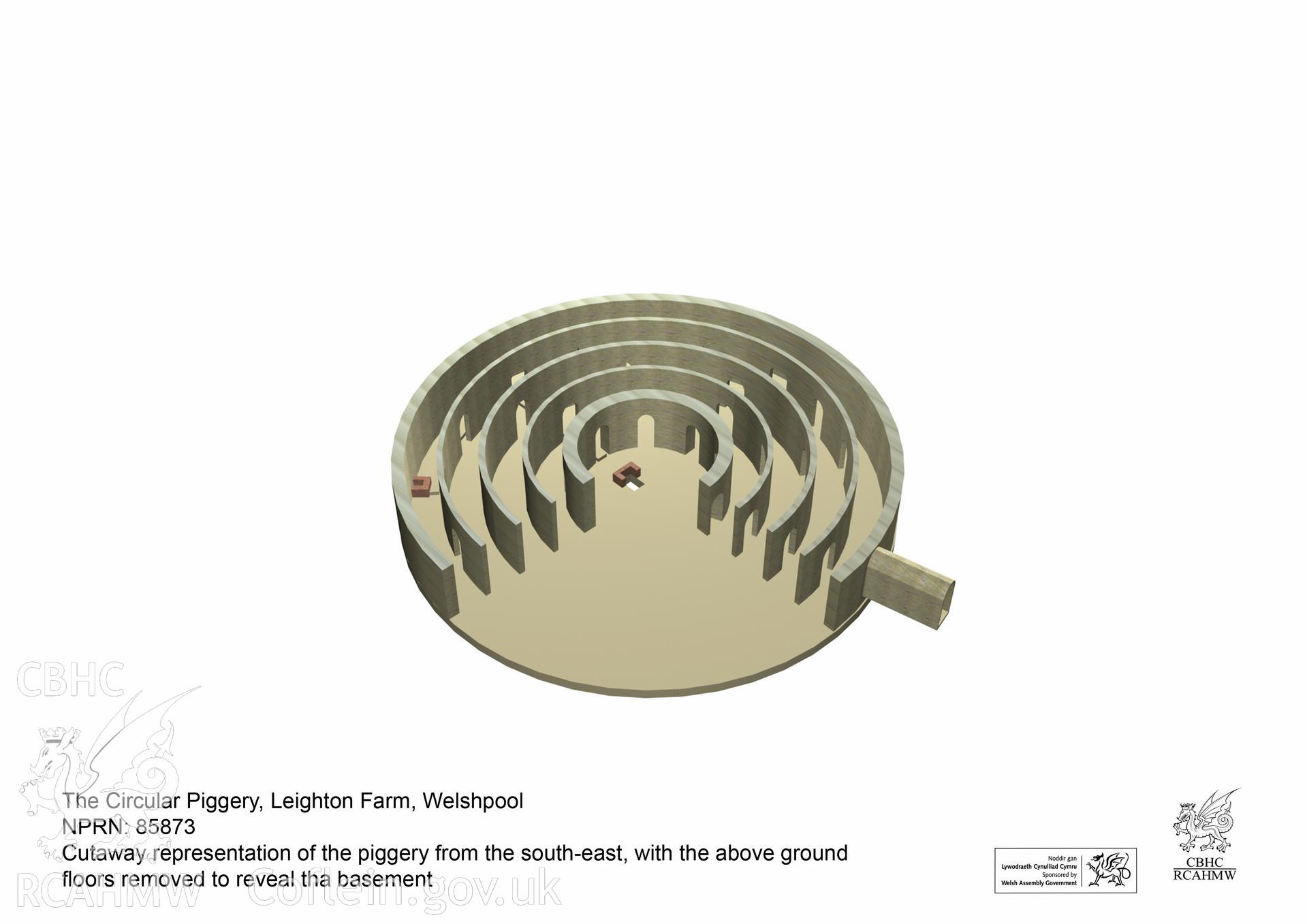 Still taken from the 3D Studio Max model showing the circular piggery in a cutaway view from the south-east, with the above ground structure removed to reveal the basement layout, from an RCAHMW digital survey of the Circular Piggery, Leighton Farm, Welshpool. Carried out by Susan Fielding, 11/08/2008.