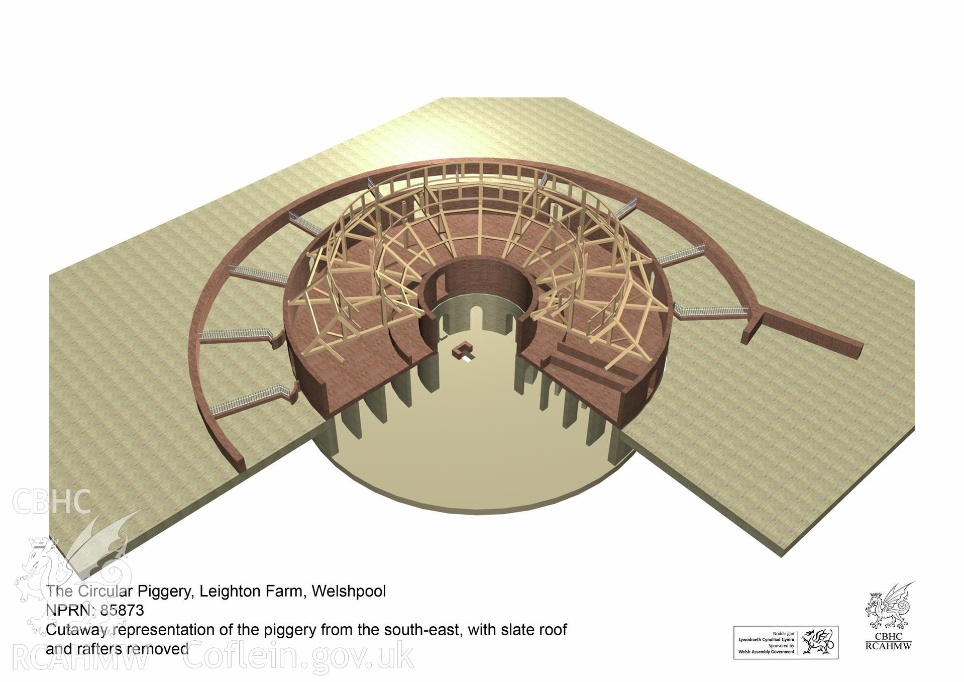 Still taken from a 3D Studio Max model showing the circular piggery in a cutaway view from the south-east, with the slates and rafters removed, from an RCAHMW digital survey of the Circular Piggery, Leighton Farm, Welshpool. Carried out by Susan Fielding, 11/08/2008.
