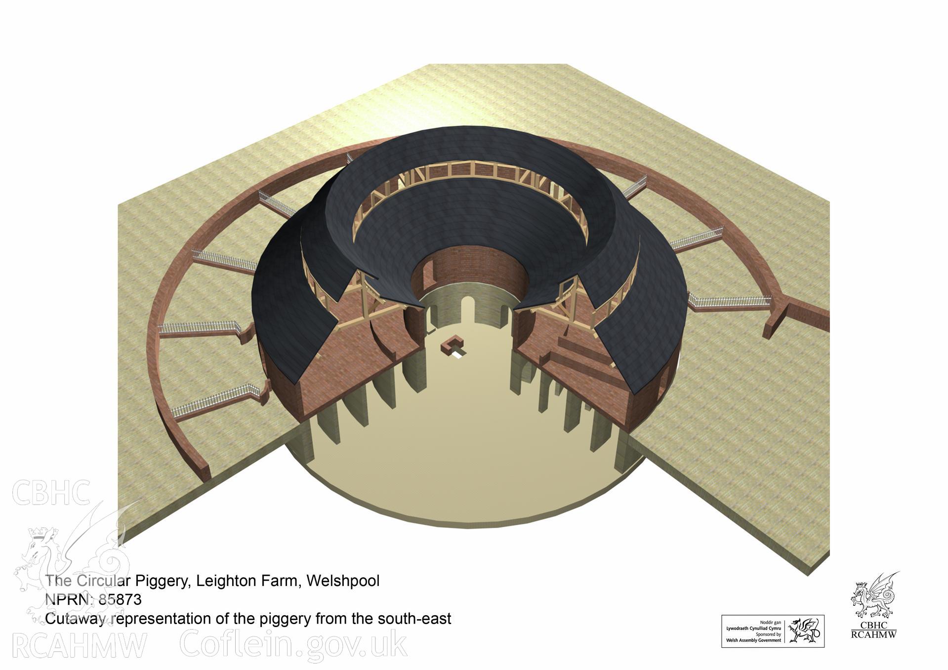 Still taken from a 3D Studio Max model showing the circular piggery in a cutaway view from the south-east, from an RCAHMW digital survey of the Circular Piggery, Leighton Farm, Welshpool. Carried out by Susan Fielding, 11/08/2008.