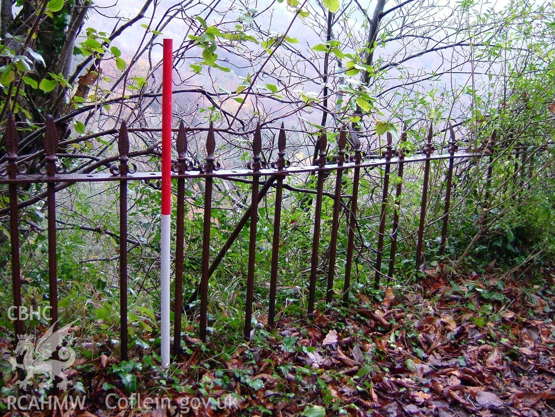 Digital colour photograph taken as part of an archaeological survey at the Piercefield walks, 2004. The photograph shows part of a fence at the Piercefield Estate.