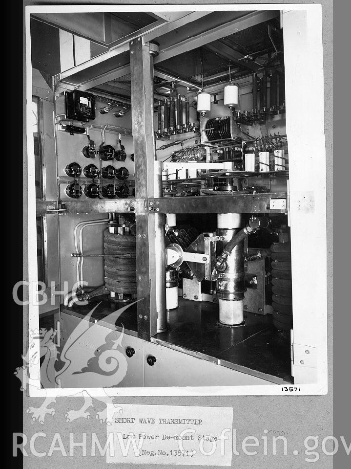 Black and white digital photograph showing a short wave transmitter, low power de-mount stage.