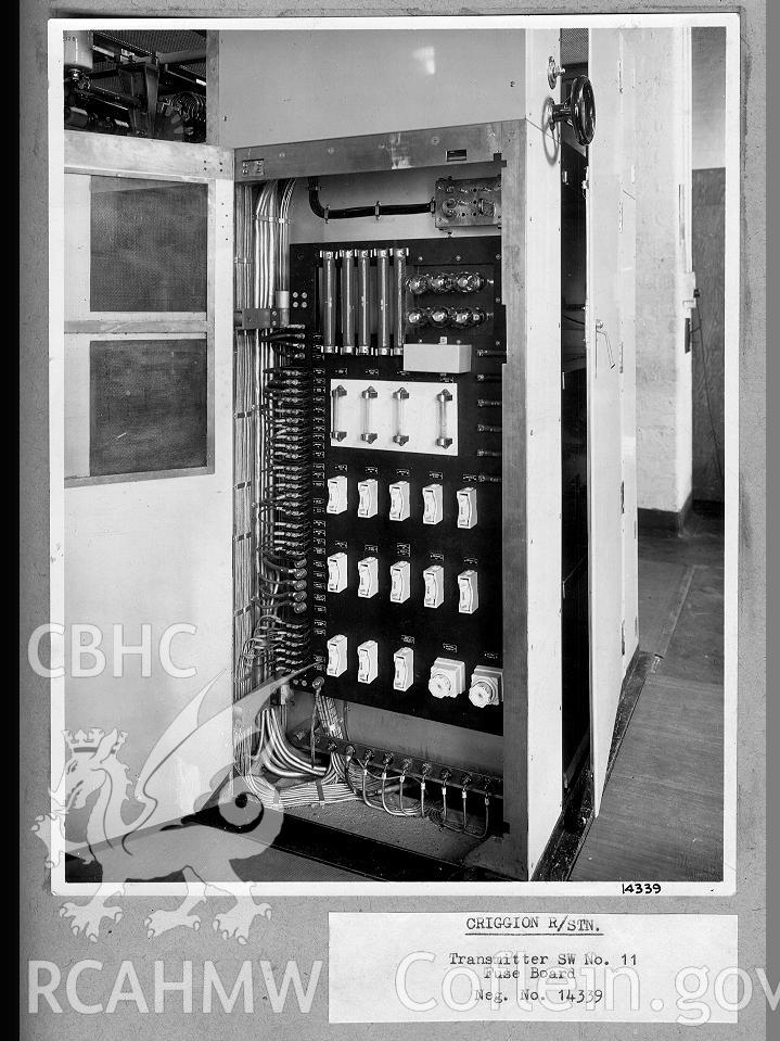 Black and white digital photograph showing the fuse board for transmitter SW, number 11.