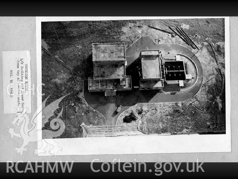 Black and white digital photograph showing the long wave building and power house, taken from the top of the centre mast.