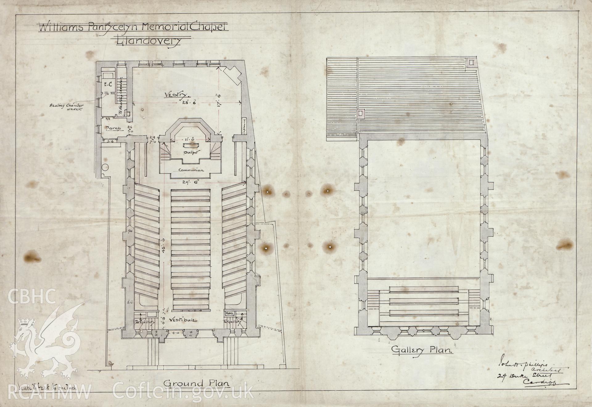 Measured ground floor and gallery plans of Williams Pantycelyn Chapel, dated 1886.