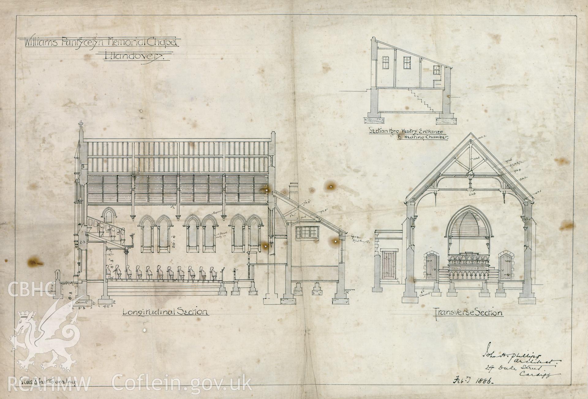 Measured section drawings of Williams Pantycelyn Chapel, dated 1886.